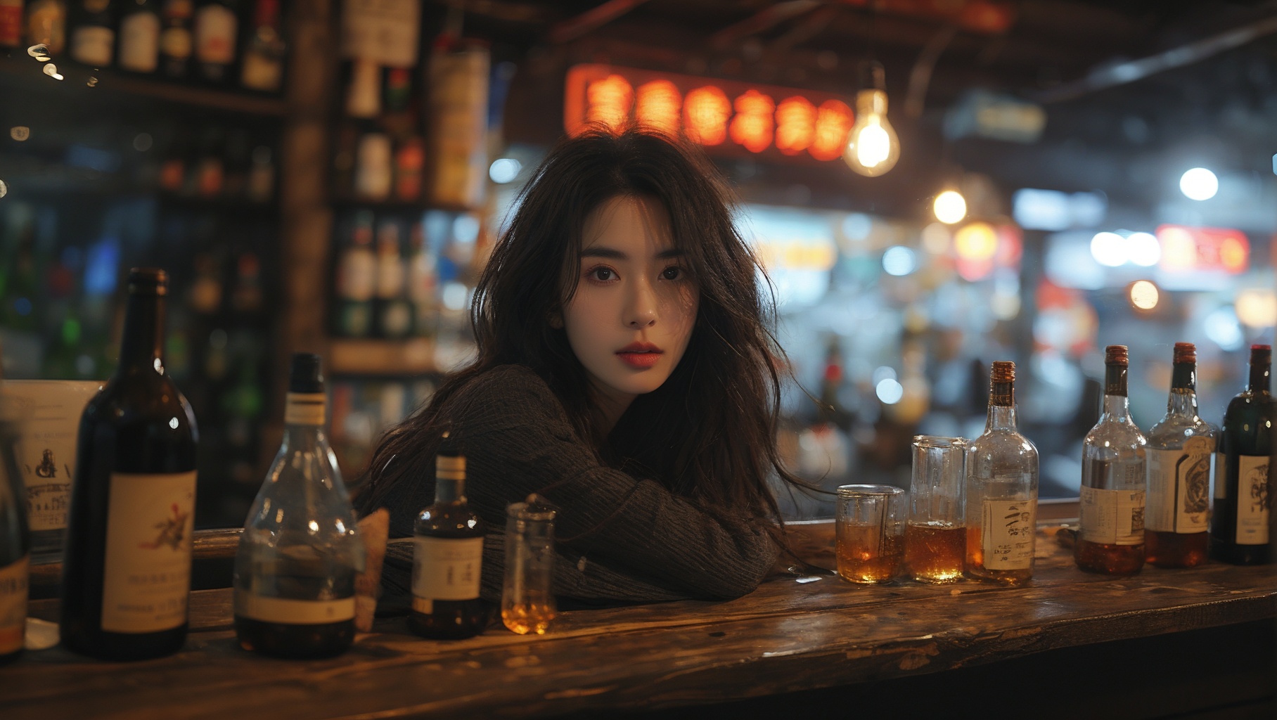 sdmai, fanhua, 1girl, solo, long hair, looking at viewer, realistic, blurry, bottle, lips, depth of field, alcohol, parted lips, brown hair, bokeh, black hair <lora:SDMAI繁花肖像写真fanhua:0.8>