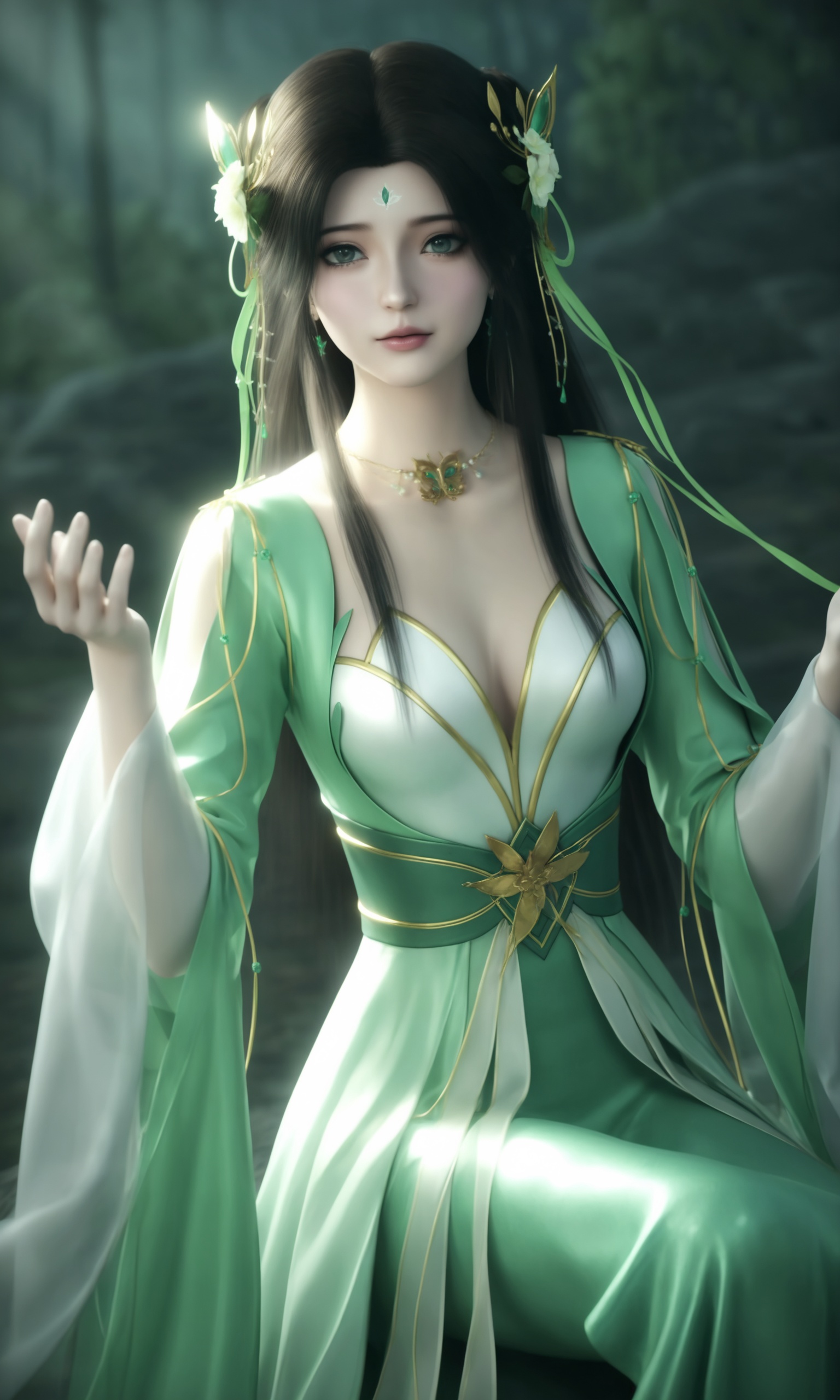 <lora:诛仙碧瑶-伤心花ILL:0.75>,1girl,long,flowing dark hair,flowing,green silk dress with intricate golden embroidery,golden belt,looking at viewer,lips,, score_9,score_8_up,score_7_up,source_anime,night,dark environment,Blend swirling,whirlpool-like patterns of intense and contrasting colors,with spiraling motions and chaotic color interactions,highly detailed,ultra-high resolution,32K UHD,sharp focus,best-quality,masterpiece,Emotionalization,golden hour,unconventional supreme masterpiece,masterful details,temperate atmosphere,with a high-end texture,in the style of fashion photography,Dynamic Angle,Dynamic posture,
