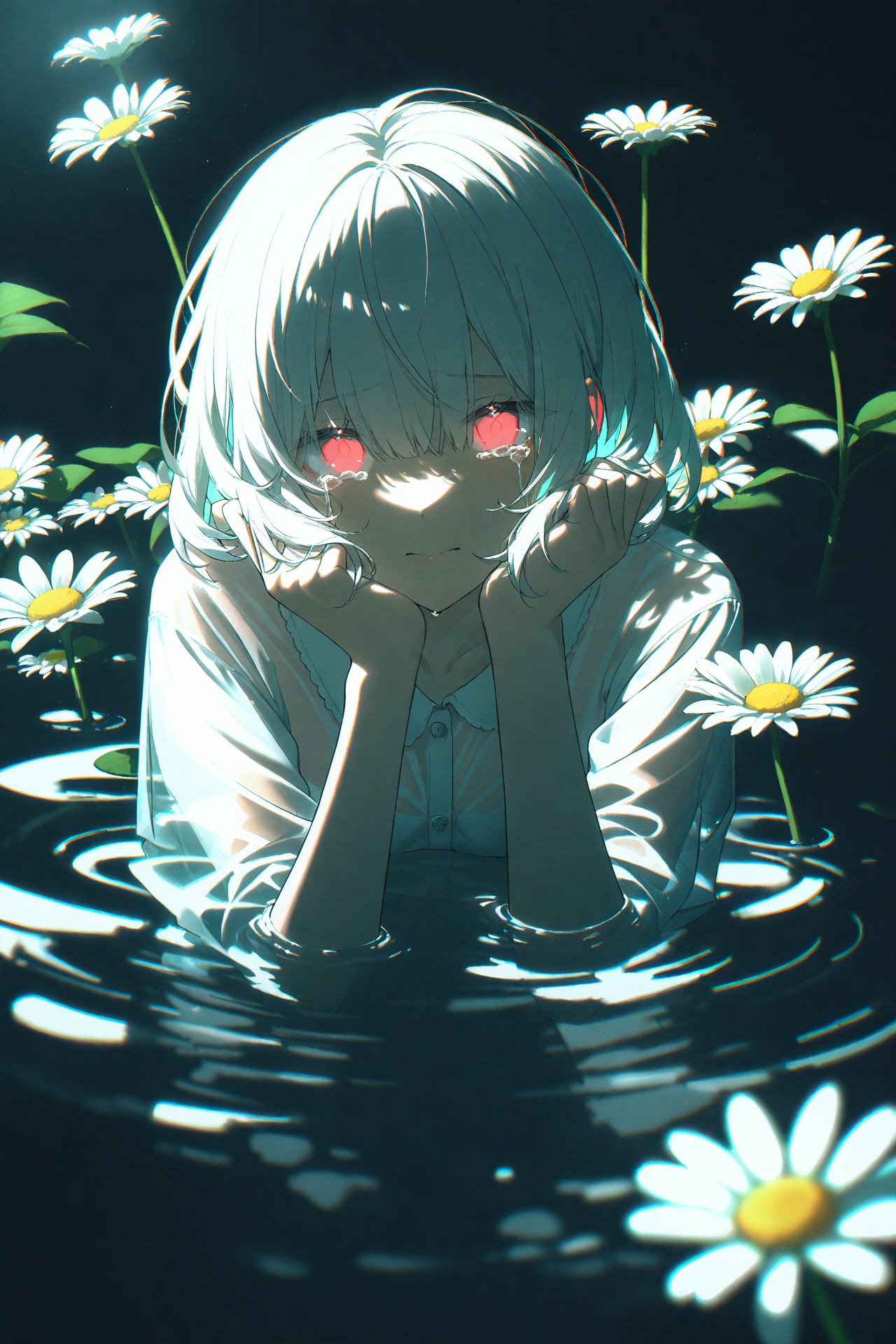 best quality,(chromatic aberration),(beautiful young female:1.4),(streaming tears),sad,(daisy),(daisy),(daisy),looking at viewer,partially submerged,both hands on own cheek,{see-through long shirt},{no bra},(white hair, short hair, bangs:1.2),(glowing eyes),ripples,dark water,black background,(prismatic),