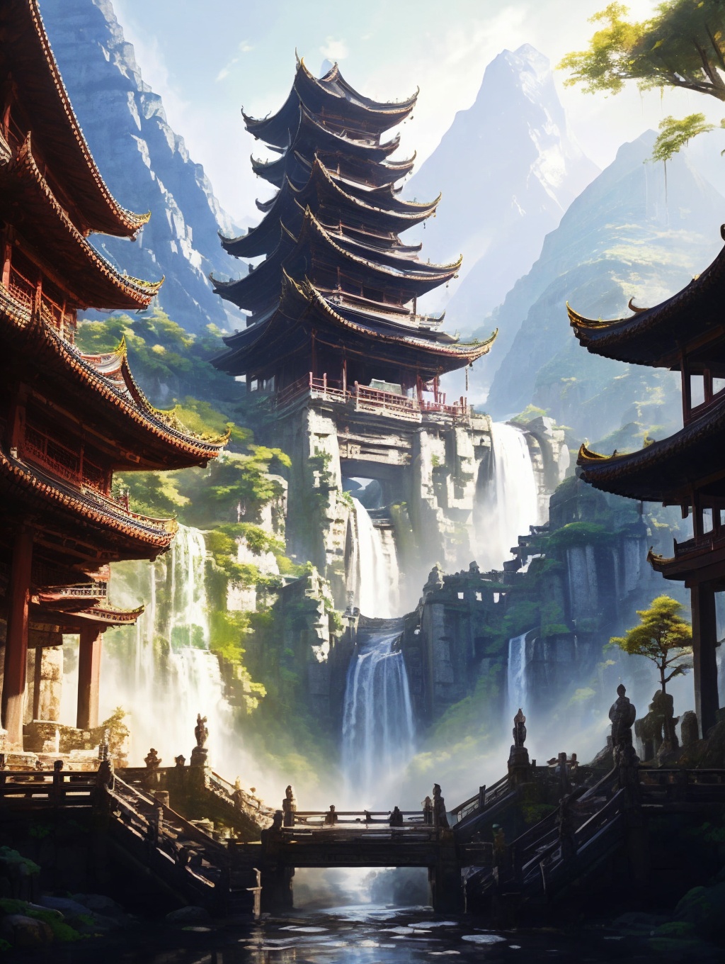 a painting of a mountain landscape with a pagoda and waterfall in the background,with a waterfall in the foreground, ZGGJZ