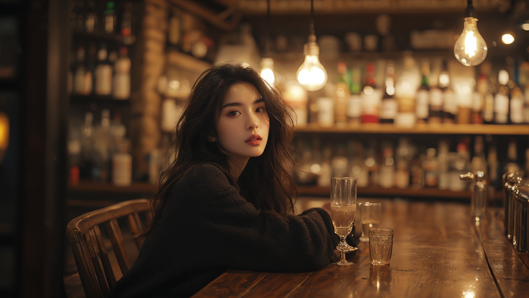 sdmai, fanhua, 1girl, solo, long hair, blurry, looking at viewer, brown eyes, brown hair, bottle, depth of field, parted lips, lips, cup, realistic, drinking glass <lora:SDMAI繁花肖像写真fanhua:0.7>