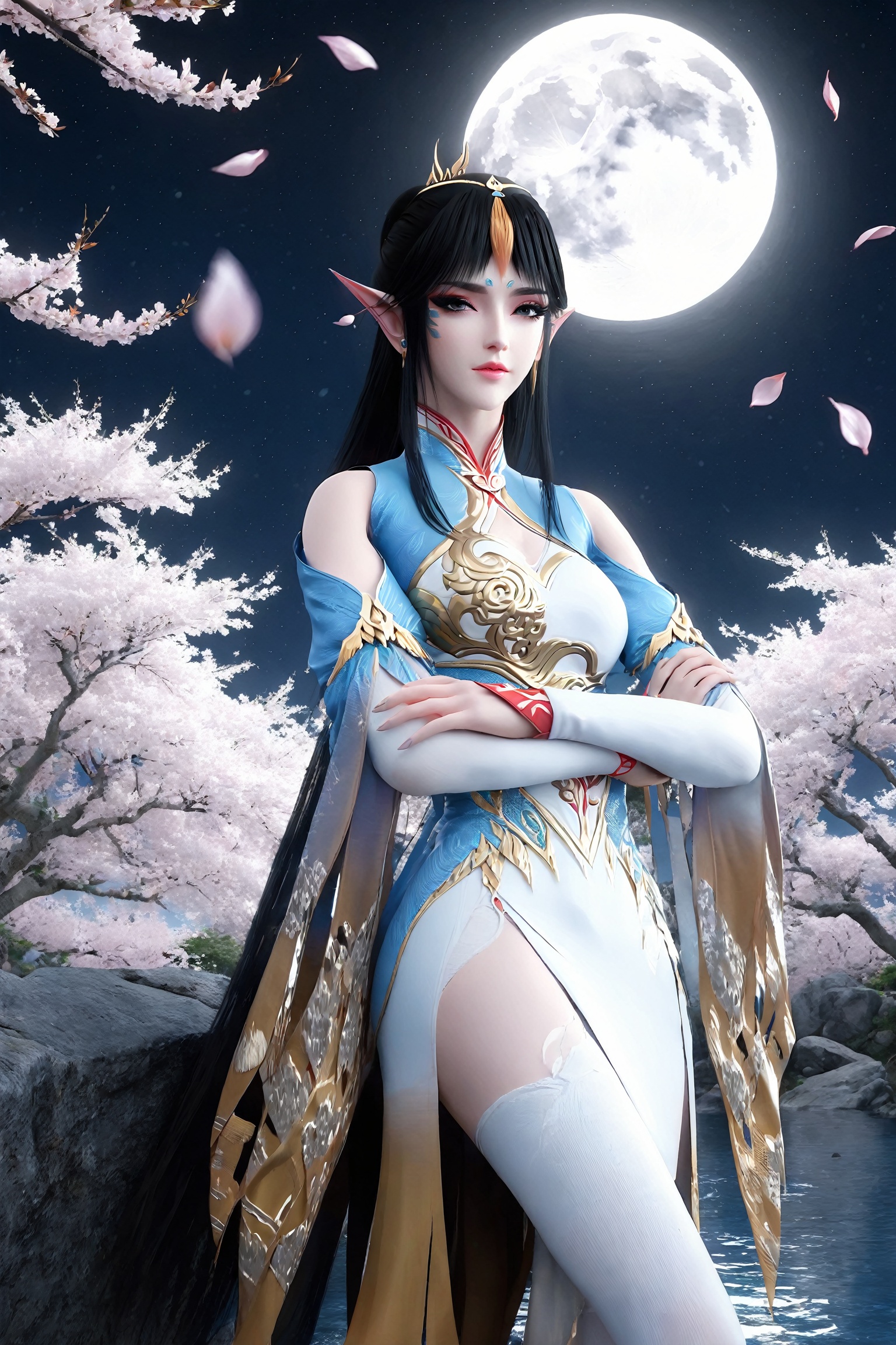 professional 3d model sitting, dress, chinese_clothes, long_sleeves, detached_sleeves, hanfu, looking_at_viewer, (8k, RAW photo, best_quality),(highly_detailed),(masterpiece:1.2),(ultra-detailed),(extremely_detailed_cg_8k_wallpaper),(realistic:1.2),(photorealistic:1.3),(scenery, waterfall, (cherry_blossoms), (milfeulle_sakuraba), (petals, falling_petals), full_moon, moon, night, moonlight, night_sky, sky, petals, water, stone),1girl, solo, pointy_ears, black_hair, long_hair, hair_ornament,  eyeshadow, eyelashes, jewelry, earrings, makeup, thighhighs, white_legwear, medium_shot,(texture_skin:1.3),(shiny_skin:1.4),(an_extremely_delicate_and_beautiful),<lora:jwh_fengqinger_dpcq_xl_1.0:0.8>, . octane render, highly detailed, volumetric, dramatic lighting