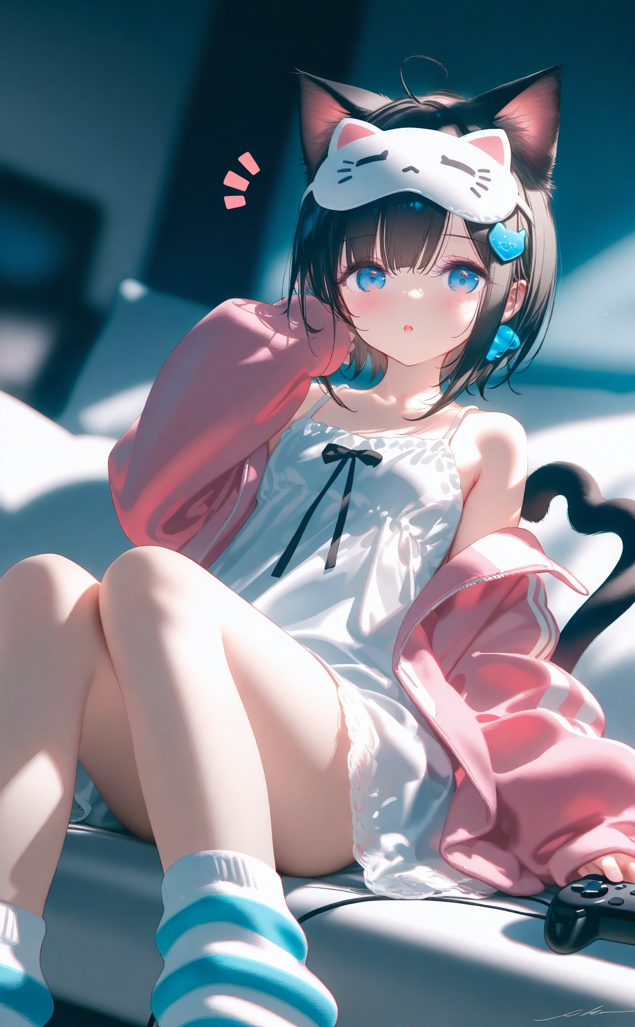 masterpiece,very aware,highres,absurdres,newest,best quality,loli,petite,high quality,chromatic_aberration,cinematic_angle,dutch angle,//,artist:konya_karasue,artist:Kinty,artist:tinker bell,artist:ciloranko,artist:ningen_mame,artist:sho_(sho_lwlw),artist:rhasta,artist:ke-ta,artist:hiten \(hitenkei\),//,1girl,solo,long hair,looking at viewer,blush,bangs,blue eyes,black hair,hair ornament,long sleeves,dress,bow,animal ears,hair between eyes,bare shoulders,sitting,collarbone,jacket,tail,ahoge,heart,parted lips,food,open clothes,socks,puffy sleeves,virtual youtuber,cat ears,signature,off shoulder,white dress,:o,open jacket,cat tail,animal ear fluff,sleeves past wrists,pillow,mask,feet out of frame,white bow,cat girl,camisole,puffy long sleeves,sleeves past fingers,heart hair ornament,tail ornament,notice lines,controller,mask on head,pink jacket,loose socks,cat hair ornament,white camisole,striped socks,eye mask,heart tail,sleep mask //,official art,depth of field,detailed light,blurry background,best shadow,shiny skin,cinematic lighting,ray tracing,amazing quality,very aesthetic,absurdres,beast quality,ultra detailed,newest,8K,HDR,,<lora:amei4-000025:0.8>