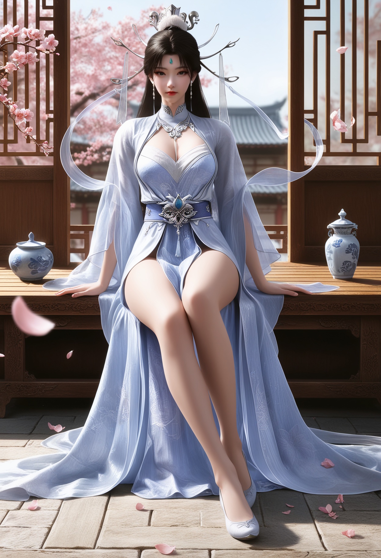 masterpiece,best quality,amazing quality,very aesthetic,high resolution,ultra-detailed,absurdres,scenery,photorealistic,(looking at viewer:1.1),(moody lighting:1.1),peach blossom,falling petals,(large breasts:0.8),chuyue,1girl,solo,black eyes,black hair,long hair,earrings,jewelry,dress,white dress,hair ornament,chinese clothes,forehead mark,hair bun,expressionless,closed mouth,long sleeves,shawl,bare legs,shoes,sitting BREAK photorealistic details,<lora:QQSillchuyueV1:0.8>,