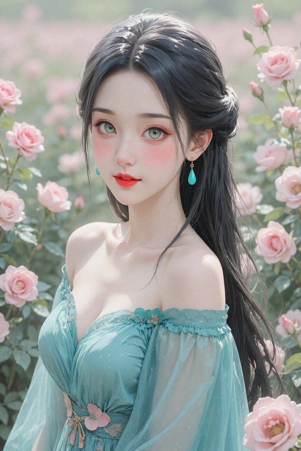 这是一幅以柔和、理想化的风格描绘的年轻亚洲女性肖像。她看起来二十出头,  肤色白皙,  拥有一双明亮动人的灰绿色大眼睛 on Tensor.Art