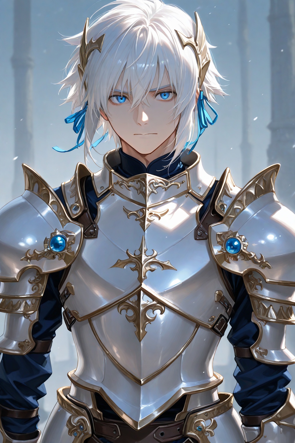 1boy,white hair,cyan blue eyes,armor,