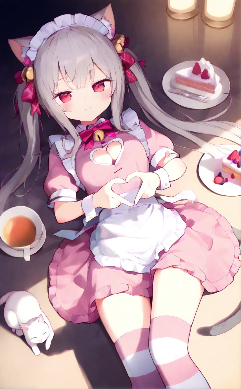 masterpiece,very aware,highres,absurdres,newest,best quality,loli,petite,high quality,chromatic_aberration,cinematic_angle,dutch angle,blurry_foreground,A light gradient background with white on top and brown at the bottom,student,"Girl",//,1girl,animal ears,thighhighs,solo,tail,heart hands,cat ears,apron,breasts,bell,long hair,dress,twintails,cat tail,lying,bow,maid headdress,heart,cat,frills,on back,food,red eyes,jingle bell,cat girl,clothing cutout,pink dress,hair ornament,cup,smile,striped,fruit,looking at viewer,heart cutout,pink bow,frilled apron,strawberry,closed mouth,bangs,animal ear fluff,grey hair,hair bow,short sleeves,wrist cuffs,maid,teacup,medium breasts,cleavage cutout,puffy sleeves,blush,cleavage,puffy short sleeves,white apron,frilled dress,striped thighhighs,cake,hair bell,plate,animal,very long hair,waist apron,//,//,blurry background,blurry background,official art,depth of field,detailed light,best shadow,shiny skin,cinematic lighting,ray tracing,amazing quality,very aesthetic,absurdres,beast quality,ultra detailed,newest,8K,HDR,full_shot,//,<lora:lora-000003.by_tusi:1.5>,