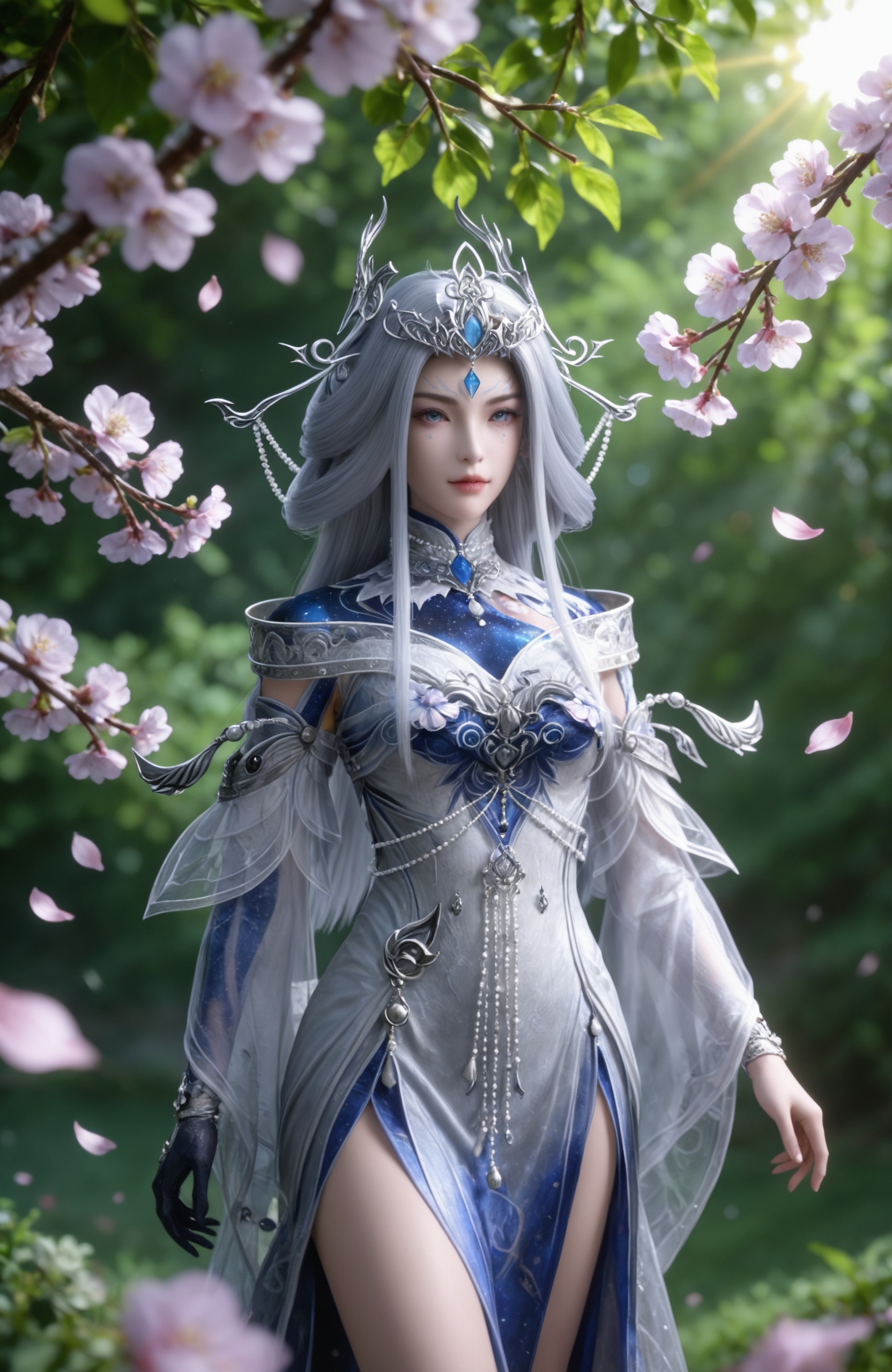 <lora:完美世界-银灵Pony:0.7> 1girl, hair ornament, blue eyes, jewelry, gem, tiara, long hair, white dress, grey hair, facial mark, bare legs,, realistic style photo,outstanding style,adding a touch of dimension to your images without compromising details,whirls of vapor,(Anime:1.1),ethereal ambiance,delicate details,magical atmosphere,concept art,highly detailed,ultra-high resolution,32K UHD,sharp focus,best-quality,masterpiece,golden hour,unconventional supreme masterpiece,masterful details,temperate atmosphere,with a high-end texture,in the style of fashion photography,magazine style,Dynamic Angle,Dynamic posture,magazine style,Dynamic Angle,Dynamic posture,(cowboy_shot:1.2),eye trail,depth of field,cinematic lighting,lens flare,extreme aesthetic,(wlop:0.6),(honjou raita,lack,rella,wanke:0.5),masterpiece,best quality,good quality,newest,year 2025,very aesthetic,absurdres,Visual impact,A shot with tension,ultra-high resolution,32K UHD,sharp focus,best-quality,masterpiece,Emotionalization,unconventional supreme masterpiece,masterful details,temperate atmosphere,with a high-end texture,in the style of fashion photography,(Visual impact:1.2),giving the poster a dynamic and visually striking appearance,, 1girl, solo, tree, branch, sunlight, outdoors, looking at viewer, blurry,  standing, blurry foreground,sun light,Tyndall,cherry blossom,