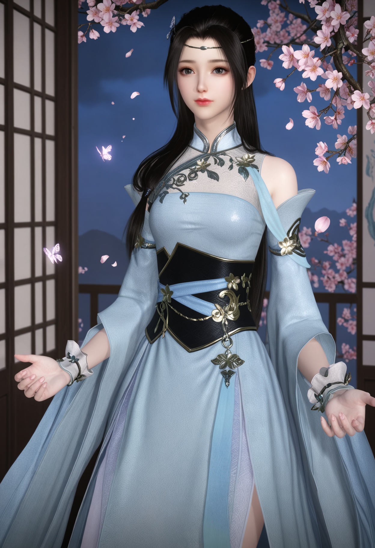 (cowboy shot:1.2),(looking at viewer:1.1),masterpiece,(best quality),smog,Dark room,dim lighting,peach blossom,falling petals,<lora:YQ_Illustrious光辉v5_叶雪青_V1:0.8>,q1528437228,1girl,solo,long hair,black hair,dress,hair ornament,white dress,chinese clothes,detached sleeves,sash,butterfly hair ornament,jewelry,brown hair,bracelet,circlet,black eyes,wide sleeves,long sleeves,obi,white footwear,