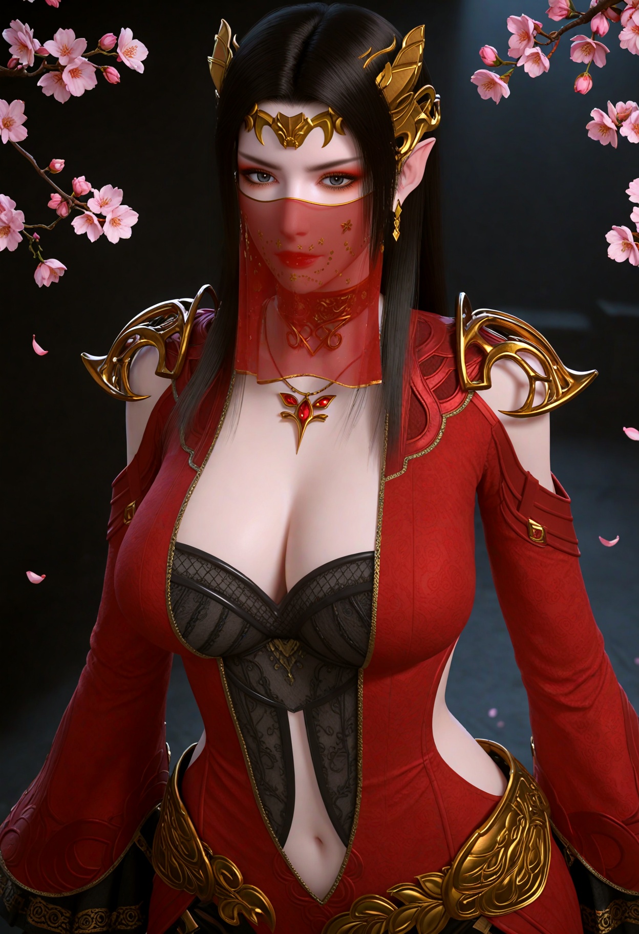 (cowboy shot:1.2),(gigantic breasts:0.6),(slender:1.3),(looking_at_viewer:1.1),(masterpiece:1.1),(best quality:1.2),(intricate details),dim lighting,(smog:1.3),(Dark room:1.3),(dim lighting:1.3),peach blossom,falling petals,<lora:YQ_Illustrious光辉v5_美杜莎_V9:0.8>,q1528437228,solo,1girl,long_hair,black_hair,jewelry,pointy_ears,earrings,necklace,hair_ornament,dress,red_dress,navel,brown_hair,choker,realistic,cleavage,tiara,long_sleeves,clothing_cutout,armor,grey_eyes,black_eyes,skirt,shoulder_armor,eyeshadow,veil,mouth veil,masterpiece,(best quality),(intricate details:0.9) BREAK masterpiece,(best quality),(intricate details:0.9),(realistic skin:1.2),