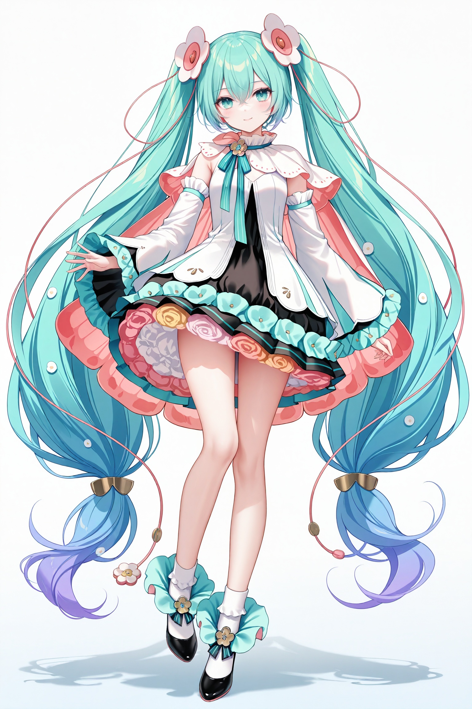 masterpiece,best quality,newest,absurdres,highres,soft shadows,photorealistic,(chen bin:0.5),(hiten \(hitenkei\):0.4),(rimuu:0.5),(mignon:0.5),(sheya:0.6),<lora:MMM2021XLNAI:1>,magical mirai miku \(2021\),white clothes,cape,wide sleeves,frilled skirt,black skirt,hair ornaments,detached sleeves,frilled sleeves,high heels,full body,