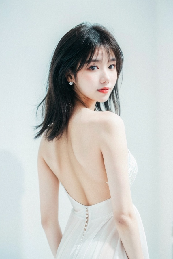best quality,masterpiece,ultra high res,A captivating portrait of a young woman with striking features. A girl with long, raven-black hair cascading down her back gazes directly at the viewer with an alluring smile. Her closed lips and piercing black eyes draw attention to her flawless complexion. Against a subtle white and gradient background, she stands out in a simple yet elegant setting, adorned with delicate jewelry and earrings that add a touch of sophistication., <lora:13guojiang_lora:1>