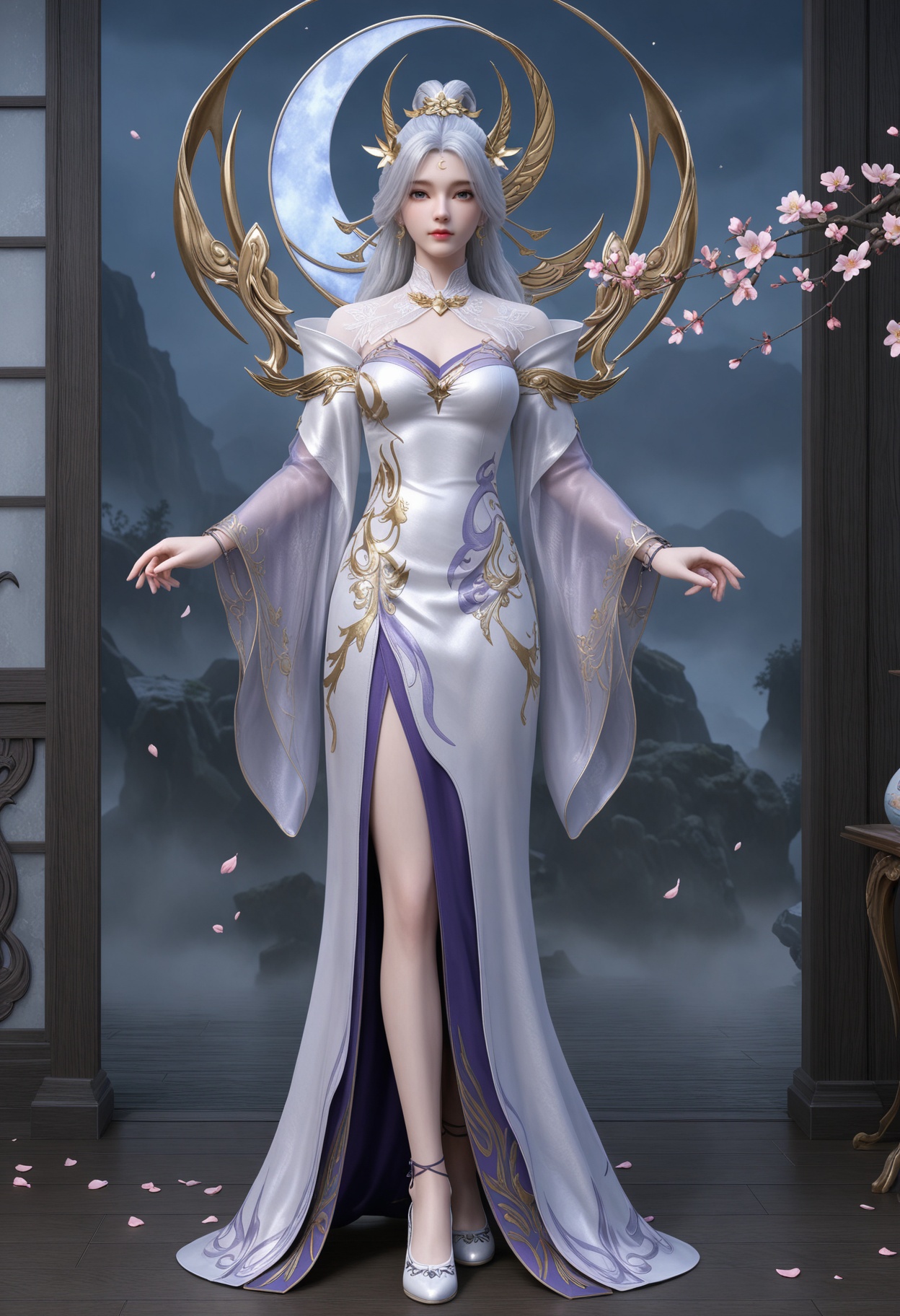 (standing full_body:1.1),(looking at viewer:1.1),masterpiece,(best quality),smog,Dark room,dim lighting,peach blossom,falling petals,<lora:YQ_Illustrious光辉v5_月神_仙武传_V1:0.8>,q1528437228,1girl,solo,long hair,hair ornament,jewelry,white hair,forehead mark,earrings,dress,white dress,blue eyes,grey hair,crescent earrings,long sleeves,grey eyes,high heels,white footwear,hair bun,flower,wide sleeves,pantyhose,shoes,bracelet,side slit,