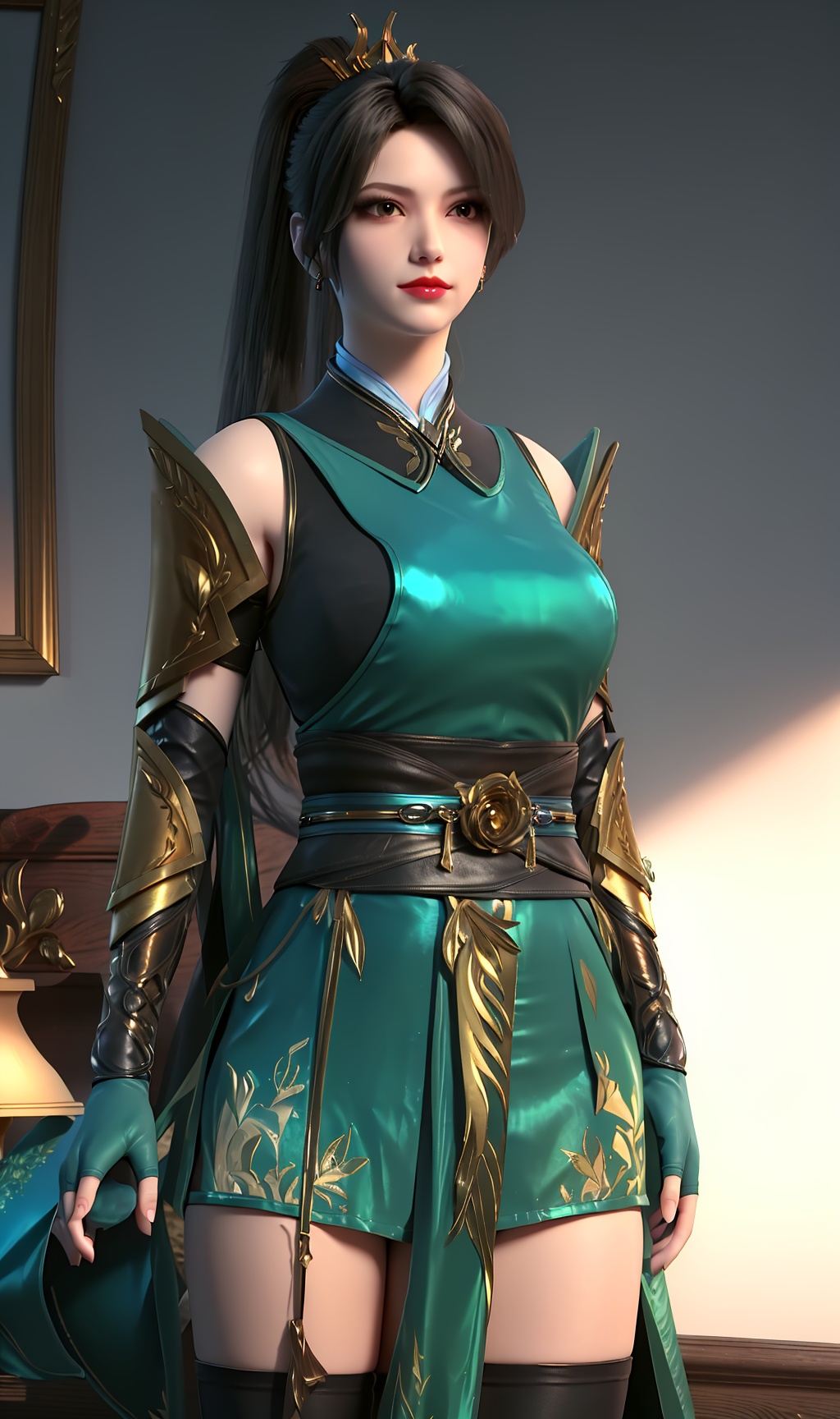 3D,masterpiece,(best quality),(makeup),official art, extremely detailed cg 8k wallpaper,((crystalstexture skin)), (extremely delicate and beautiful),(highly detailed),(face),(ponytail),(tiara),(gold_trim),(collar),(1girl), (solo), (jewelry), (earrings),(black_hair),(long_hair),(hair_ornament),(handwear),(wristband),(breast),(gloves),(standing),((upper_body)),(dress),(long_skirt),(shorts_under_skirt),(chinese_clothes),(multicolored_clothes),(multicolored_dress),((thighhighs)),(shiny_clothes),(arm_guards),((long_legs)),(sash),(armored_dress),(capelet),(closed_mouth),(outroom,bed),((looking_at_viewer)),((Facing the camera)),, <lora:hipoly3DModelLora_v10:0.3> 