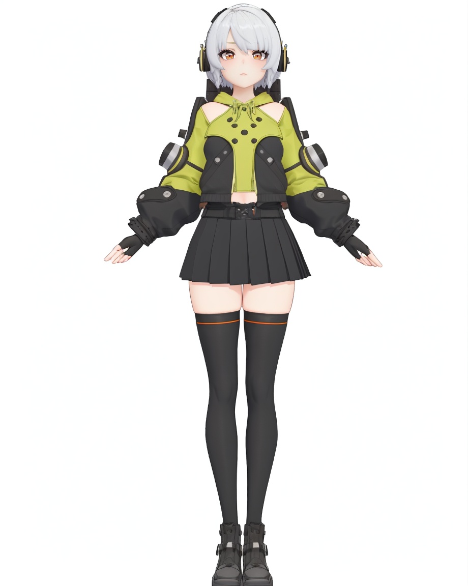 8k,best quality,masterpiece,(ultra-detailed),(high detailed skin),(by nanoless, by misumi \(macaroni\),:0.5),A full-body portrait of a young girl,standing gracefully,pastel art style,high-key lighting,shoujo manga influence,hd quality,delicate details,full body,full shot,standing,looking at viewer,(solo:1.2),simple background,white background,<lora:anbinew-sd-Tanger-000019:0.8>,anby demara, clothes: def green jacket with black pleated skirt, def clothes, 1girl, black fingerless gloves,   black thighhighs, orange eyes, silver hair,headphones,