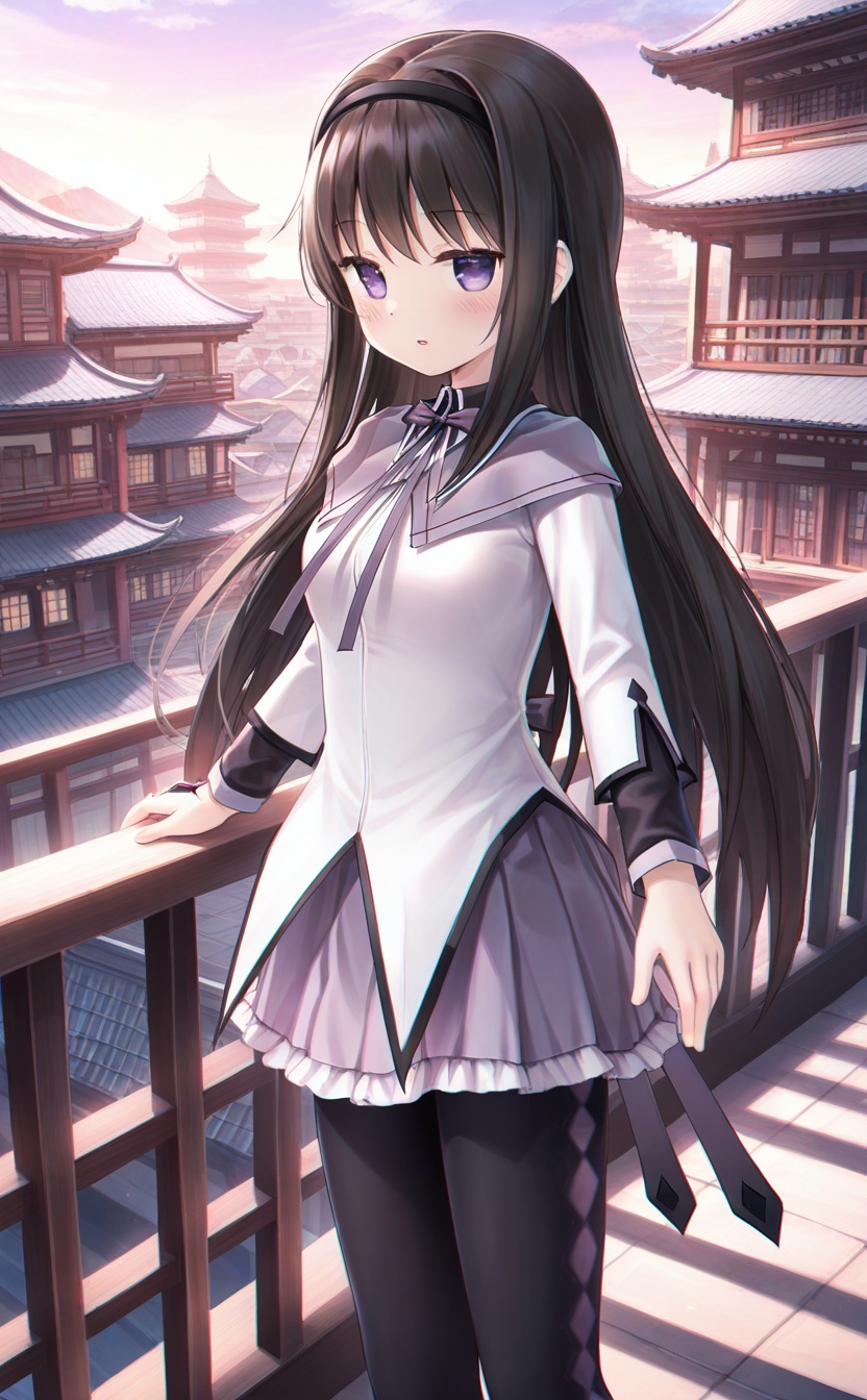 <lora:guizhencao-style:0.4>,<lora:normal-akemi-homura:0.8>,guizhencao style, normal akemi homura, absurdres, best quality, chromatic_aberration, high quality, masterpiece, architecture, east asian architecture, outdoors, sky, 1girl, solo, magical girl, black hair, long hair, purple eyes, hairband, blush, looking at viewer, parted lips, standing, black pantyhose, pantyhose, skirt, building, railing, scenery