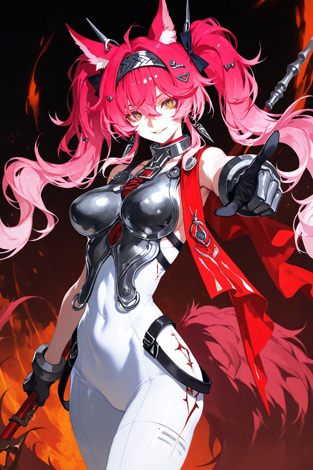 sola7764,[(yoneyama mai:0.6),(mika pikazo:0.6),(quasarcake:0.6),:(onono imoko:0.6),rei \(sanbonzakura\),(cogecha:0.8):12],1girl,lupa \(wuthering waves\),armor,black bow,bodysuit,bow,breastplate,breasts,collar,cowboy shot,hair bow,hair ornament,hairband,headgear,holding,holding polearm,holding weapon,large breasts,long hair,looking at viewer,metal collar,metal hairband,multiple hair bows,parted lips,pink hair,polearm,red pupils,red sash,sash,smile,solo,tacet mark \(wuthering waves\),tail,twintails,weapon,pointing at viewer,white bodysuit,wolf tail,yellow eyes,masterpiece,best quality,absurdres,