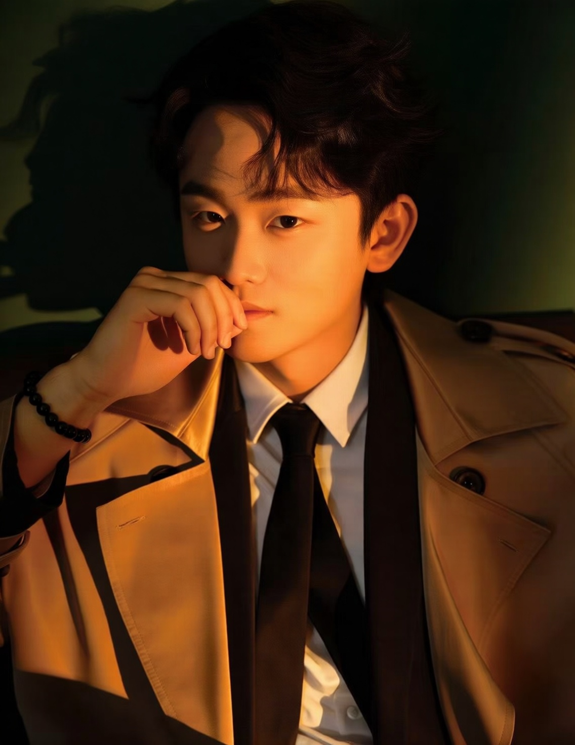 This photograph features a young Asian man with a fair complexion and short,wavy black hair. He is seated against a dark green background,illuminated by warm,golden lighting that casts soft shadows on his face and body. He is dressed in a tan trench coat with a black collar,over a white dress shirt with a black tie. His right hand is raised to his face,with his index finger gently touching his lips in a contemplative or pensive gesture. On his right wrist,he wears a simple black beaded bracelet. The texture of his trench coat appears smooth and slightly reflective,while the dress shirt beneath has a subtle sheen. The lighting highlights the contours of his face,emphasizing his sharp jawline and calm,focused expression. The background is plain and dark,which contrasts with the warm tones of his clothing and the soft light,drawing attention to his face and upper body. The overall composition of the photograph is elegant and introspective,with a focus on the subjects thoughtful demeanor and stylish attire. The image has a modern,slightly cinematic quality,reminiscent of fashion photography with a focus on character and mood.,