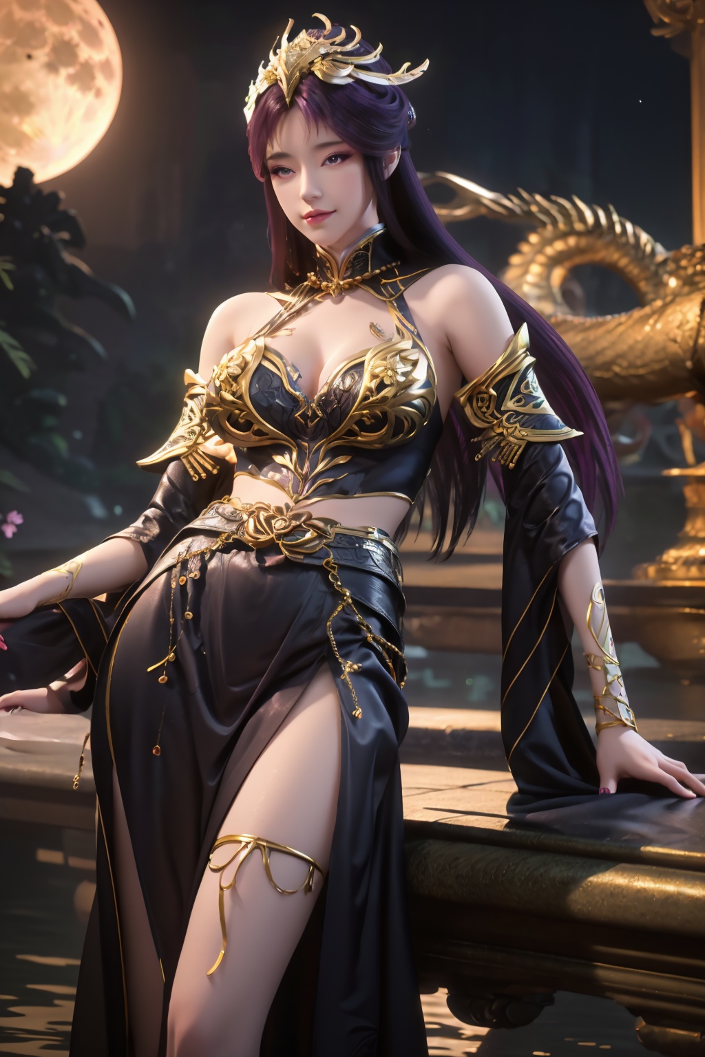 standing,dress,chinese clothes,flower,full_moon,moon,night,lily_pad,lotus,moonlight,nipples,water,night_sky,lily_\(flower\),sky,partially_submerged,1girl,solo,black hair,hair ornament,long hair,brown eyes,realistic,nail polish,photo_\(medium\),(breasts, big_breasts, cleavage),makeup,(8k, RAW photo, best quality, masterpiece:1.2),(realistic, photorealistic:1.3),ultra-detailed,extremely detailed cg 8k wallpaper,(crystalstexture skin:1.2),extremely delicate and beautiful,purple hair,head jewel,sitting on throne,spread legs,smirk,