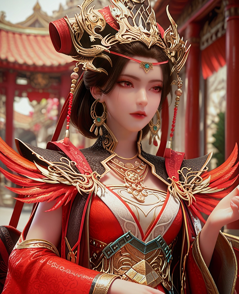 (oriental architecture, elegant decor, sophisticated style:1.1),Sitting, on a chair, arms resting on the backrest,,(breasts:1.2),<lora:XL完美世界火离城大祭司>,priestess,solo,red dress,black shawl collar,feathers trim,pink eyes,black hair,hair ornament,earrings,jewelry,eyelashes,sash,hollow out long sleeves,white bra,lips,black pelvic curtain,black petticoat,, zPDXL2, score_9, score_8_up, score_7_up BREAK realistic, masterpiece,best quality, highly detailed,, zPDXL3, zPDXL2,zPDXL, zPDXLxxx, zPDXLrl,