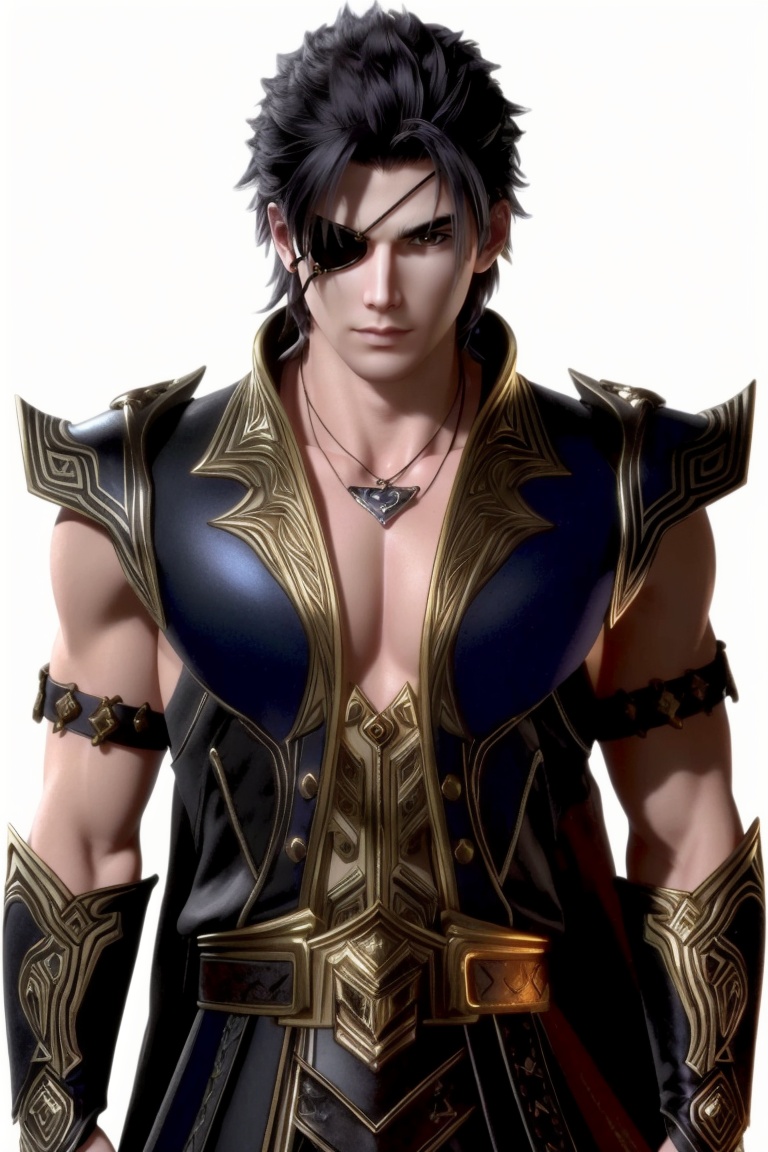 ((HRD, HUD, 8K)),((masterpiece, best quality)), highly detailed, soft light,1boy, solo, black hair, brown eyes, eyepatch, scar, scar on face,necklace, jewelry, muscular,armor, simple background, white background, upper body, standing, looking at viewer,  <lora:20240325-1711375441925:0.7>