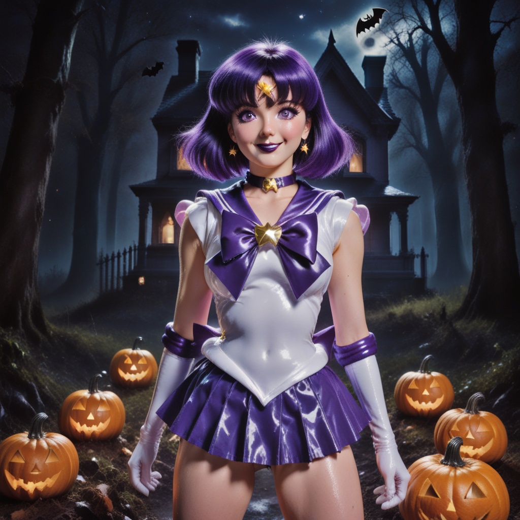 shiny wet-look latex outfit,  a stunning shot of a sailor saturn walking with shiny purple hair and bangs. purple eyes,  b...