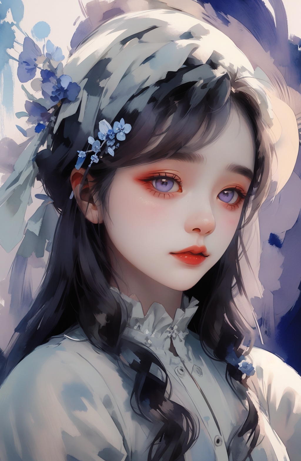 a Minority girl,minority makeup,Delicate white purple and blue headdress,in the style of mystical portraits,busts,black backgrounds,rich colors,character design,ethnic art,watercolor,ink style,masterpiece,best quality,<lora:Victoria_维多利亚:1>,