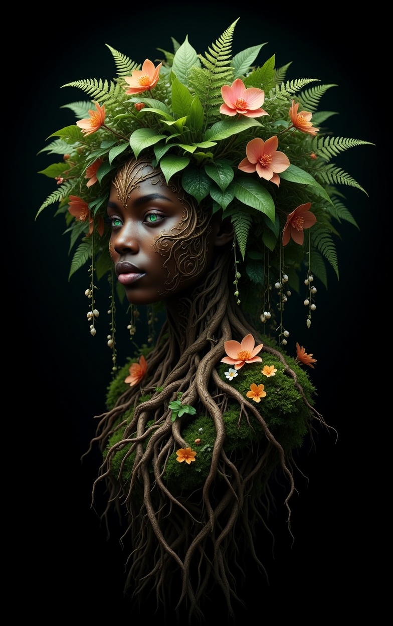 Medium shot of an ethereal dark-skinned cosmic dryad looking aside while floating gracefully in front of simple black back...