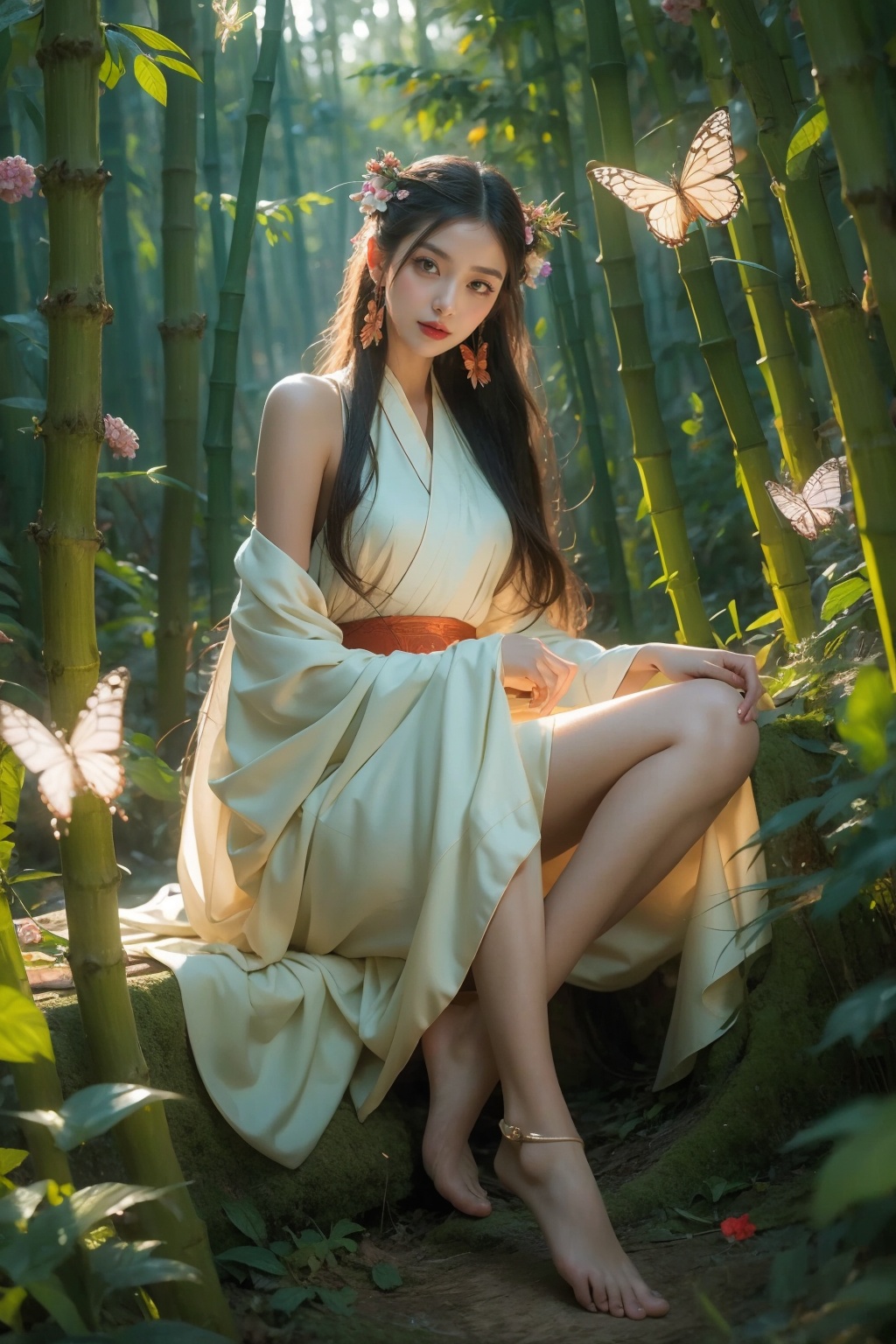 (masterpiece:1.2),best quality,highres,extremely detailed CG,8k wallpaper,photograph,night,1girl,forest system,nature,butterfly,bug,long hair,butterfly,hair ornament,sleeves flying,ribbon trim,looking at viewer,hanfu,barefoot_sandals,makeup,red lips,bare shoulders,lipstick,hair flower,<lora:FF_20240114010424-000007:0.7>,
