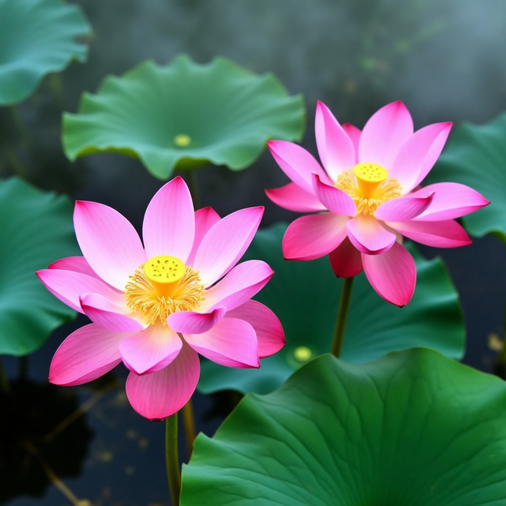 hehua,hehua,Photograph of two vibrant pink lotus flowers in full bloom,one with a yellow center and the other with a more intense pink hue,set against a backdrop of large,green lily pads and misty water. The flowers are in sharp focus,showcasing their delicate petals and intricate details.,