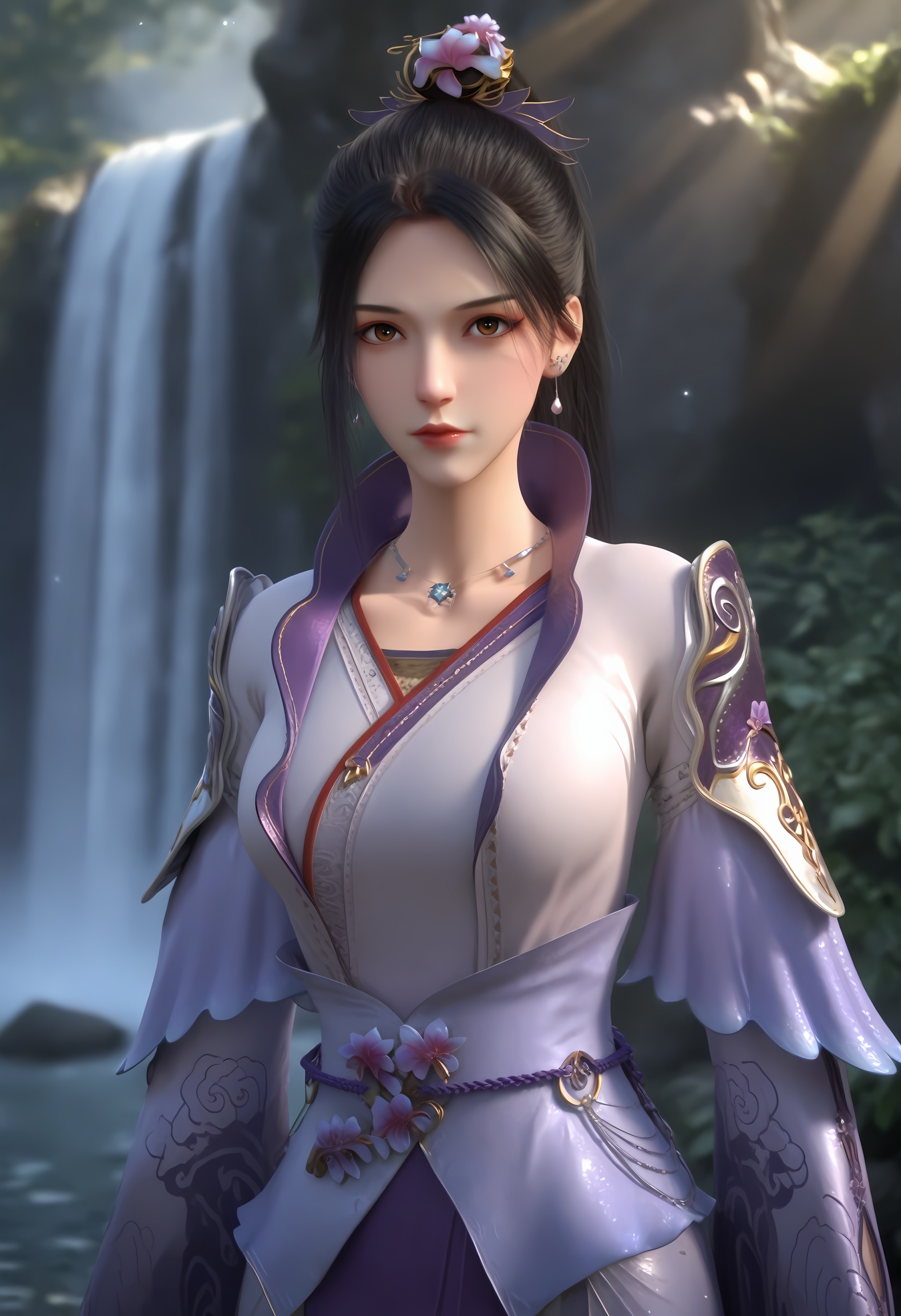 (score_9),<lora:南宫夕儿-Apony-000009:0.83>,nangonxier,solo,1girl,black hair,hair ornament,hair flower,earrings,ponytail,long hair,high collar,jewelry,necklace,shoulder armor,chinese clothes,belt,large breasts,glamor,puffy breasts,pointy_breasts,<lora:a修手:0.35>,front view,looking at viewer,OverallDetail,fair_skin,(white_skin),(Ivory_skin),outdoors,waterfall,light rays,light particles,softened light,<lora:perfect-eyes:0.8>,brown eyes,<lora:e色温:0.5>,<lora:Expressive_H:0.8>,<lora:e肤色滑块:0.5>,<lora:SkinRealityOrg_ponyv6_loraplus:0.2>,real skin,realistic,