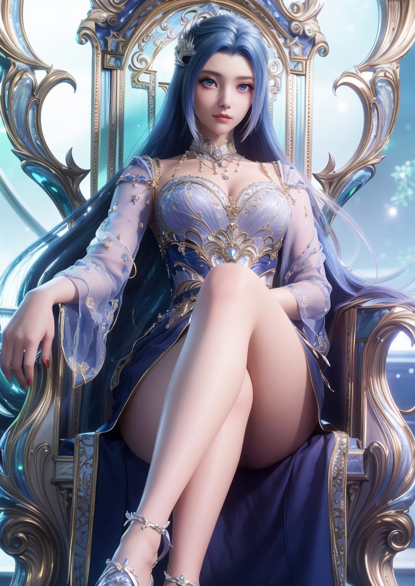 1girl,solo,hair ornament,jewelry,necklace,detached collar,detached sleeves,blue long gauze dress,gem - encrusted chains,exquisitely decorated high heels,hands out of frame,sitting on throne,foot foucs,((((looking at viewer:1.5)))),cool blue tone,misty space,shimmering particles,blue glowing,soft light,dreamy transparency,blurred background,depth of field,from below,medium shot,<lora:斗罗大陆2-唐舞桐:0.8>,twt,