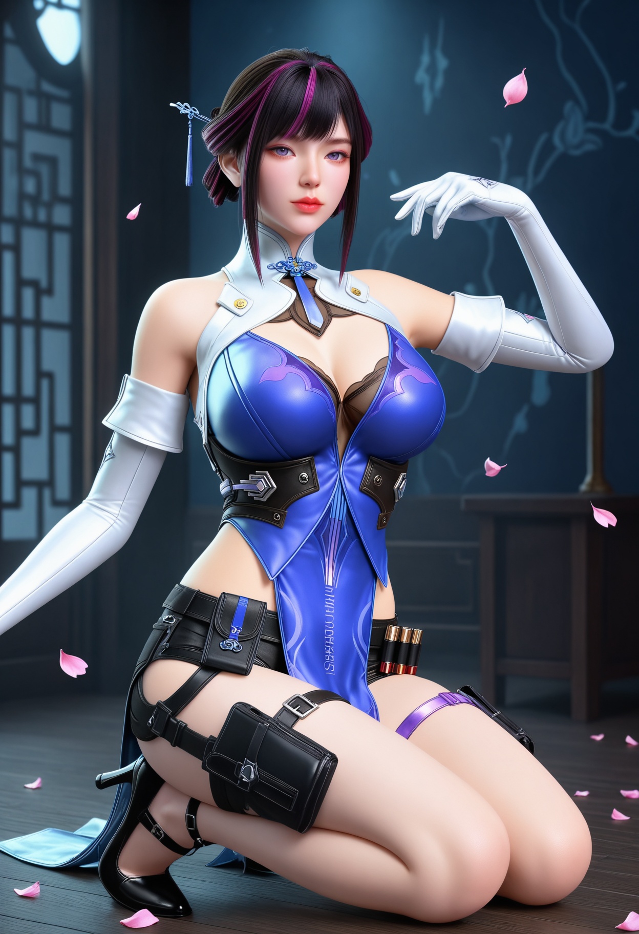 (full_body:1.2),(gigantic breasts:0.8),(Perky boobs:1.3),(looking at viewer:1.1),facing viewer,direct gaze,(masterpiece:1.1),(best quality:1.2),(intricate details),(smog:1.3),(Dark room:1.3),(dim lighting:1.3),peach blossom,falling petals,<lora:YQ_Illustrious光辉v5_虹儿_V1:0.8>,1girl,q1528437228,solo,gloves,dress,short hair,shorts,chinese clothes,purple eyes,thigh strap,holster,hair bun,hair ornament,sidelocks,thigh holster,detached sleeves,high heels,masterpiece,(best quality),(intricate details:0.9) BREAK (intricate details:0.9),(realistic skin:1.2),masterpiece,best quality,newest,absurdres,hiahres,