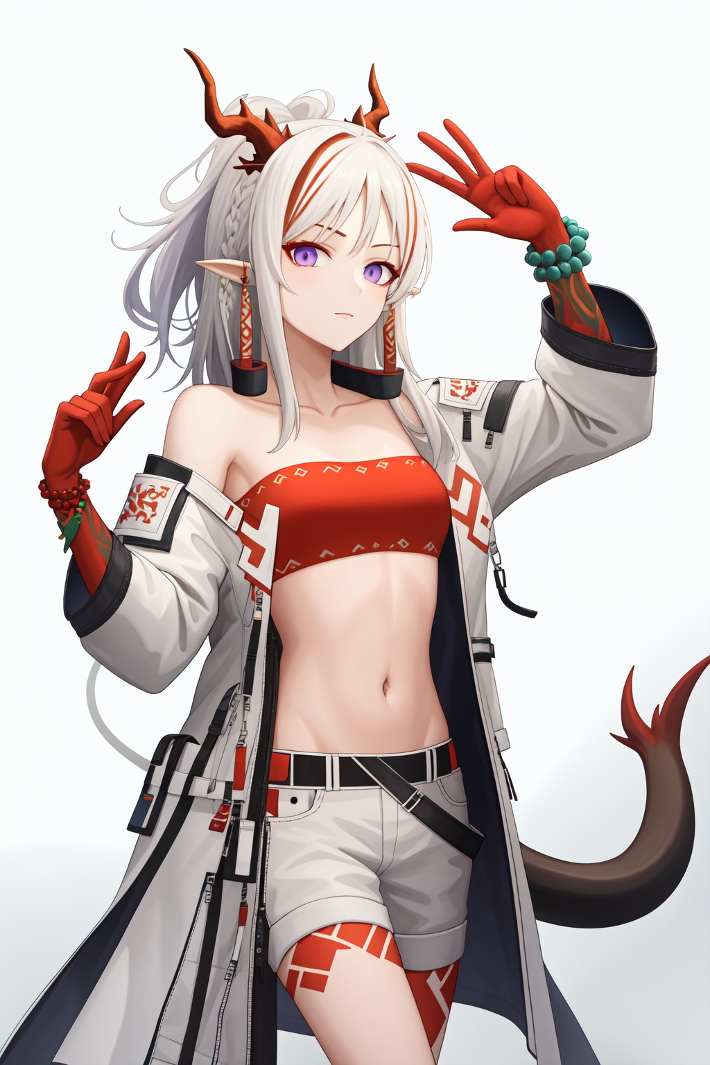 <lora:年-000010:1>,a girl named arknian,arknian,1girl,tube top,tail,strapless,jewelry,bandeau,open clothes,midriff,navel,red bandeau,bracelet,jacket,bead bracelet,crop top,stomach,, (masterpiece,best quality,high quality:1.4),absurdres,