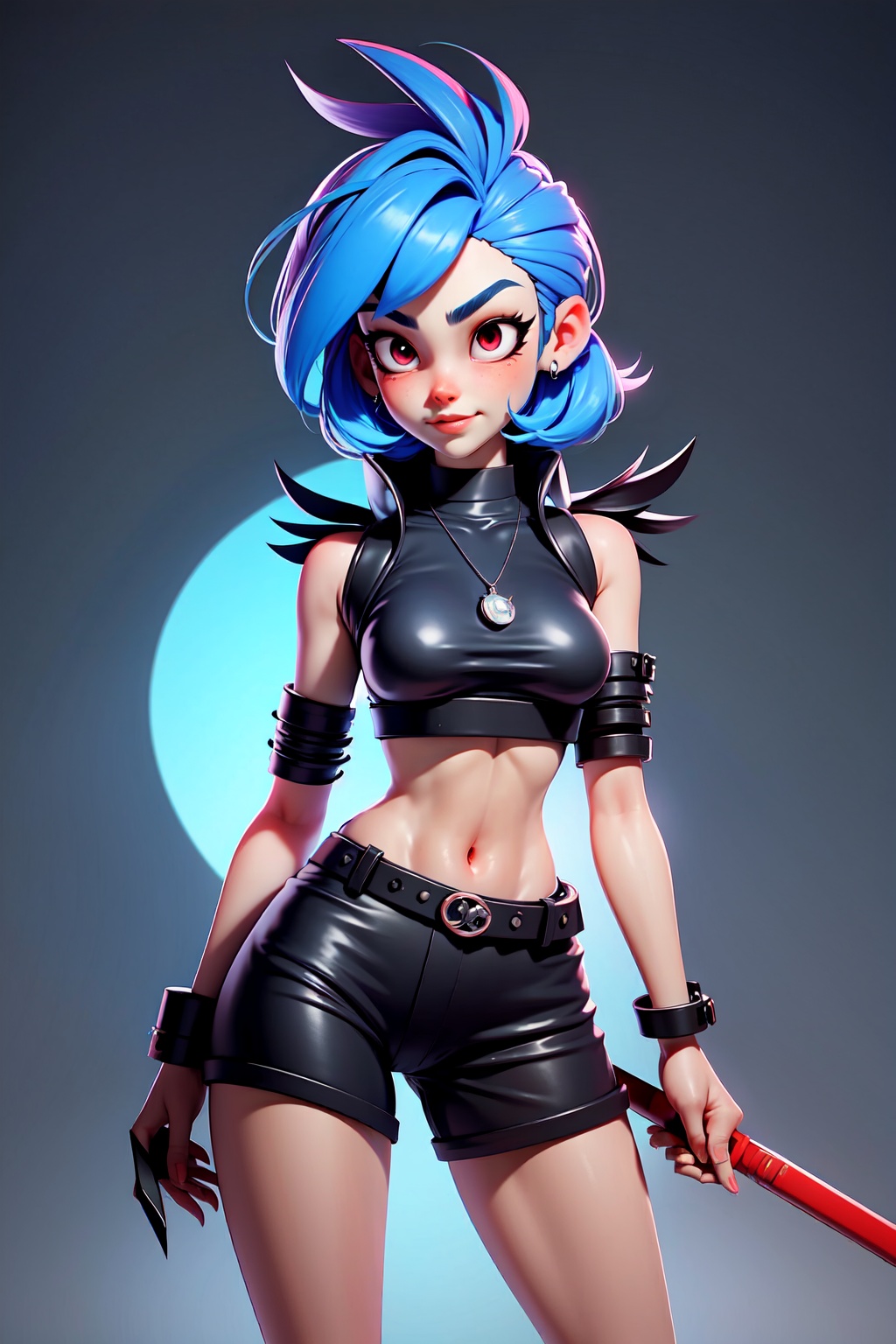 1boy,The image portrays a stylized,animated character with striking blue hair,sharp red eyes,and a confident expression. he wears a black baseball cap with a red symbol,a camouflage jacket,and a silver pendant around her neck. Behind her,there's a hint of a blade or weapon,suggesting a warrior or combatant theme. The backdrop is a vibrant red,which contrasts with her attire,making her stand out,, masterpiece,best quality,