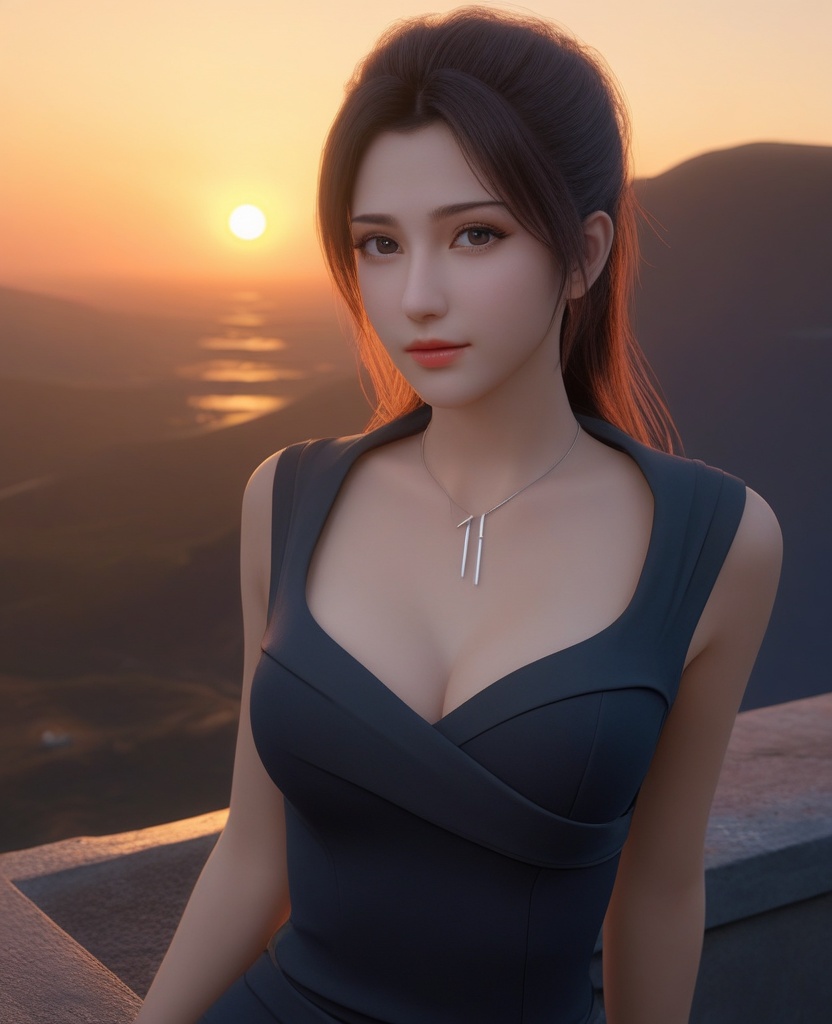<lora:577-DA-XL-斗破苍穹-云韵-黑服:0.8>(,1girl, ,best quality, ),looking at viewer,masterpiece, (( , )),, realistic,science fiction,mole, ultra realistic 8k cg, , sun,sunset, (cleavage), (),