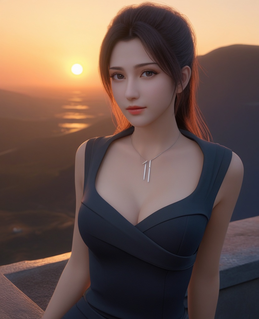 <lora:577-DA-XL-斗破苍穹-云韵-黑服:0.8>(,1girl, ,best quality, ),looking at viewer,masterpiece, (( , )),, realistic,science fiction,mole, ultra realistic 8k cg, , sun,sunset, (cleavage), (),