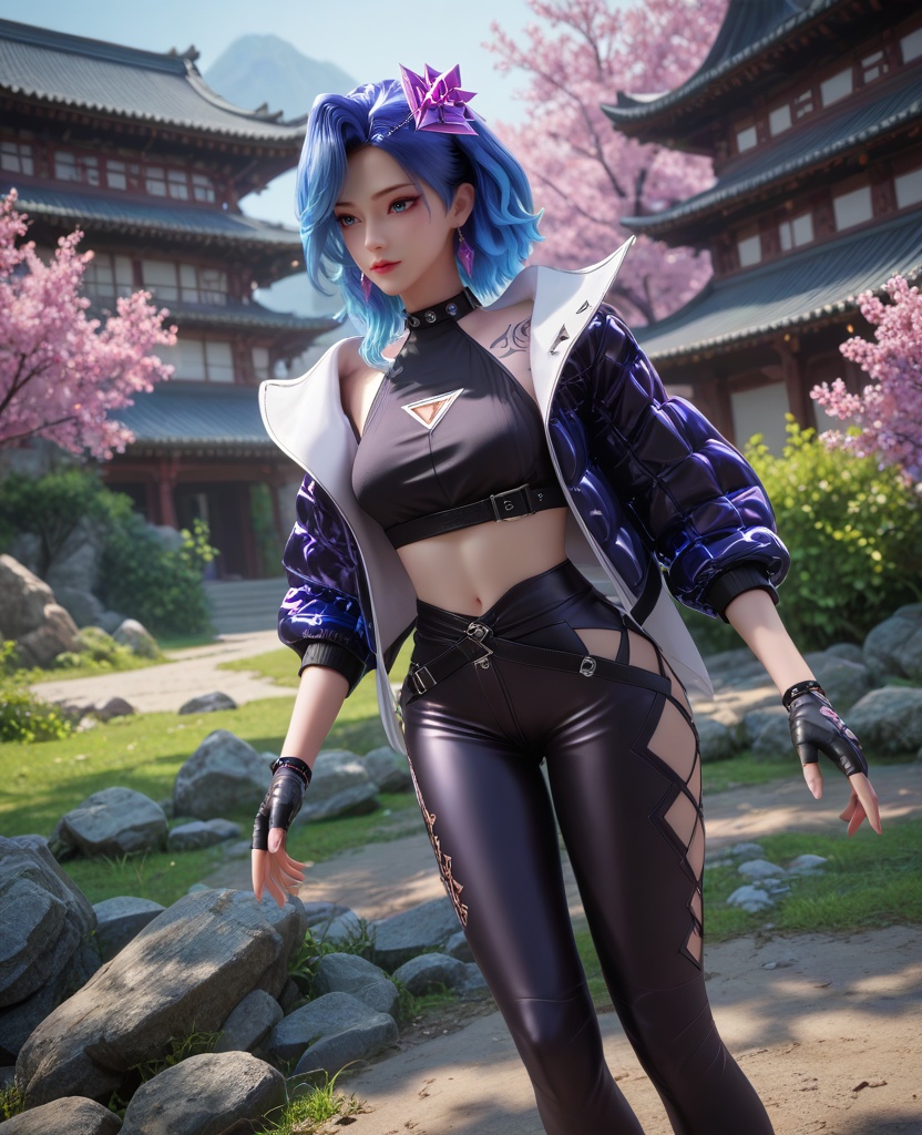 (oriental architecture, elegant decor, sophisticated style:1.1),(hiking:1.1),(breasts:1.2),<lora:XL16克金玩家柳菲:0.95>,miss liufei,atropurpureus jacket,black crop top,blue eyes,blue hair,hair ornament,earrings,gem,black fingerless gloves,tattoo,belt,leggings with built-in heels,, score_9,score_8_up,score_7_up,score_6_up,score_5_up,score_4_up,3d rendering,tag1,tag2, Cinematic Lighting,backlighting,, zPDXL3, zPDXL2,zPDXL, zPDXLxxx, zPDXLrl,
