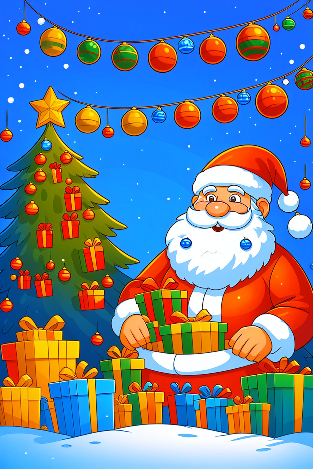 miluo_sdch, Christmas theme, santa claus, facial hair, christmas, christmas tree, 1boy, <lora:米洛丨圣诞插画sd1.5-v1.0:1>