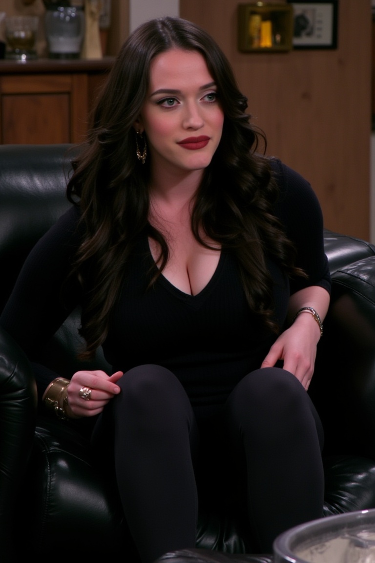 a photograph of a max from two broke girls with long dark hair woman wearing a black shirt and leggings sitting on a black...
