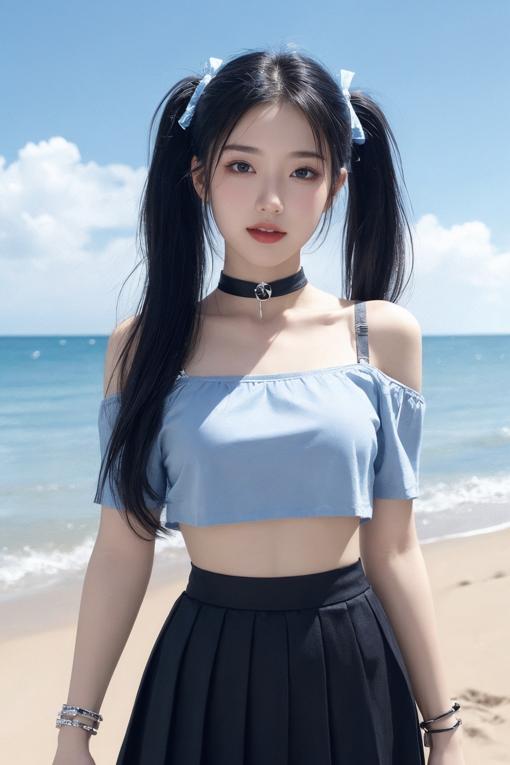 1girl,beach, black choker, black skirt, blue hair, blue sky, bra strap, bracelet, breasts, choker, cloud, cloudy sky, cowboy shot, crop top, cross, day, hair ribbon, jewelry, lips, long hair, looking at viewer, midriff, navel, necklace, ocean, off-shoulder shirt, off shoulder, outdoors, pleated skirt, ribbon, shirt, skirt, sky, smile, solo, standing, twintails <lora:美女:0.66>