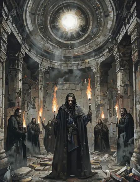 Yurimazum art style. A dark,  ominous scene featuring a man with long black hair and a beard standing in the center,  surr...