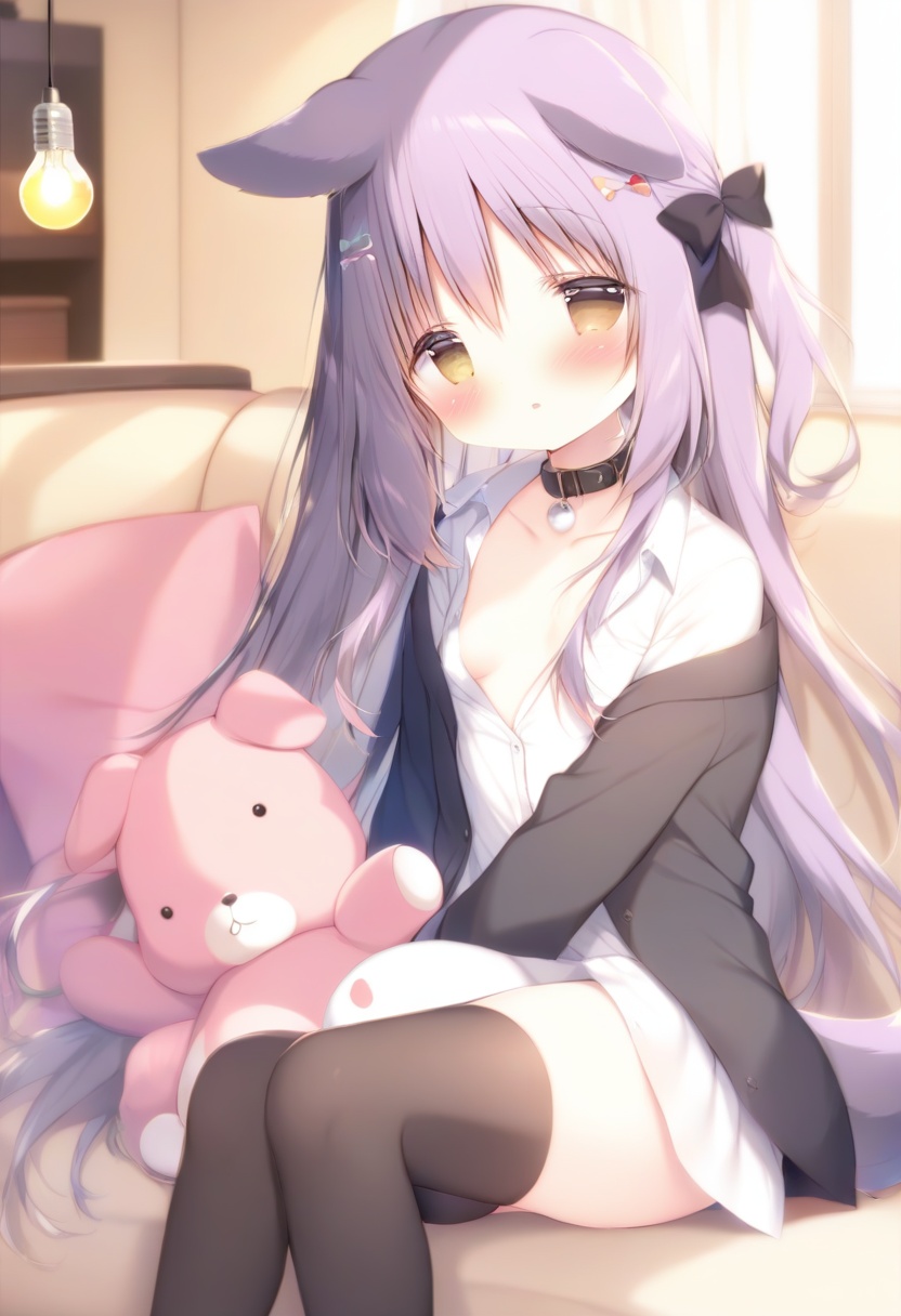 loli, 1girl, (shiratama (shiratamaco)),1girl, solo, dog ears, open clothes, animal ears, breasts, shirt, brown eyes, open shirt, long hair, white shirt, hair between eyes, thighhighs, black thighhighs, dog tail, dog girl, blush, sleeves past wrists, bangs, very long hair, tail, parted lips, long sleeves, small breasts, hair bow, bow, stuffed toy, stuffed animal, indoors, black bow, black collar, black hair, on couch, collar, couch, purple hair, looking at viewer, light bulb, sitting, feet out of frame, dress shirt, collarbone, hair ornament <lora:baiyu-000016:1>, masterpiece, best quality