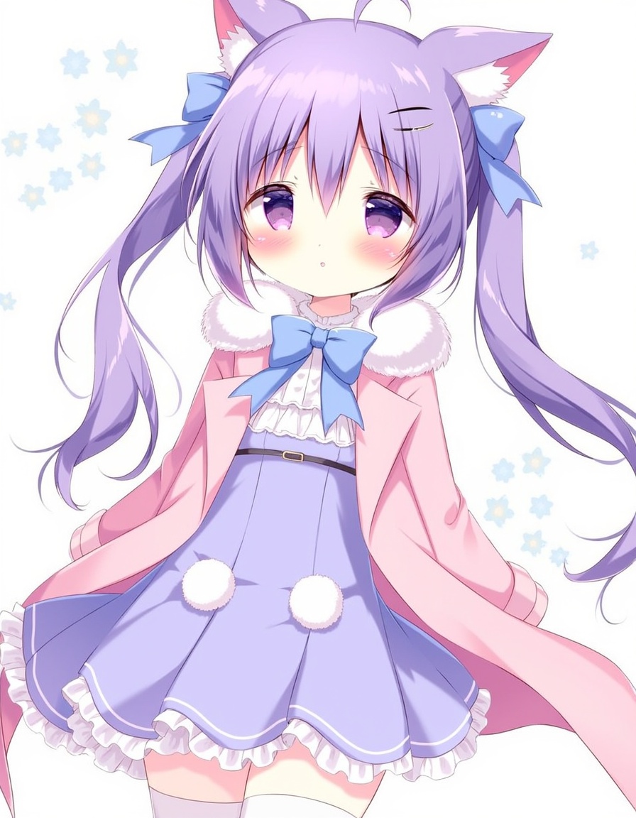 shiratama_(shiratamaco), commentary_request, 1girl, animal_ear_fluff, animal_ears, blue_bow, blush, bow, closed_mouth, coat_dress, dress, frilled_dress, frills, fur_trim, hair_between_eyes, hair_ornament, hairclip, long_hair, long_sleeves, looking_at_viewer, purple_dress, purple_eyes, purple_hair, solo, thighhighs, twintails, very_long_hair, white_thighhighs, winter_clothes, zettai_ryouiki, , original, year_2023,, <lora:flux-Shiratamaco-000008:1>