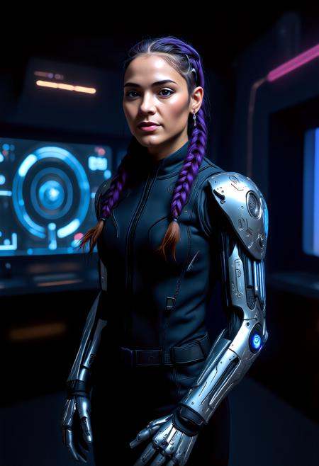 old  toned female (XX) black american, dark skin, black eyes, character, Compact build, long dutch braid  purple hair, ,, wearing nano-weave utility jumpsuit, cybernetic Retractable data ports on wrist augments, Chrome-plated cybernetic appendages with intricate circuitry details, metallic silver finish, glowing blue accents mechanical_arms, legs, arms and mechanical_legs, set in  Portal Control Room, High-tech hub with holographic displays, complex equations, and a central console for managing interdimensional travel , at night, with mysterious lighting
