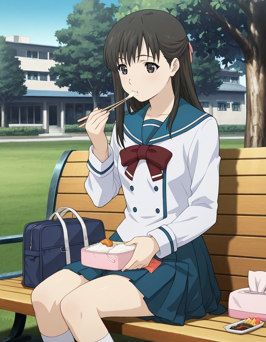 masterpiece, best quality, amazing quality, gradient background,1girl, solo, sitting on bench, bento, chopsticks, eating, outdoors, shade, grass, park, tree, bag, building, blue sky,<lora:mio_fujieda-requiem_for_the_phantom_s1-ixl-anime-soralz:1>, mio fujieda (requiem for the phantom), long hair, half updo, single sidelock, black hair, black eyes, hair behind ear,school uniform, serafuku, blue sailor collar, red bowtie, long sleeves, double-breasted, pleated skirt, white kneehighs, <lora:StS-Illustrious-Detail-Slider-v1.0:3>