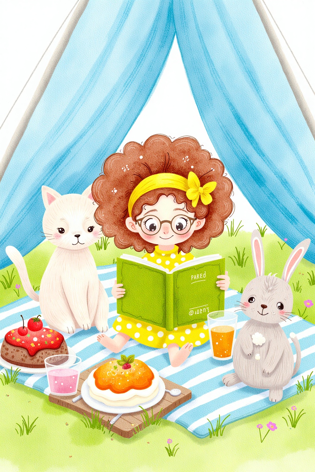 This is a whimsical,hand-drawn illustration in a watercolor style. It depicts a young girl with a large,curly brown afro,wearing a yellow headband and glasses,reading a green book. She sits on a blanket under a blue tent. Beside her,a cat and a rabbit sit attentively. The background features a serene,grassy setting with a picnic spread,
