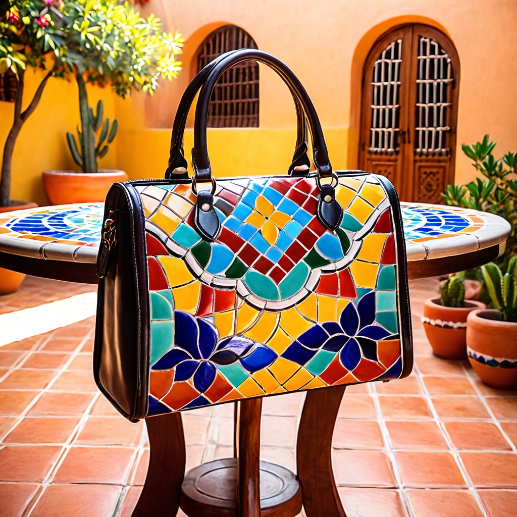 scenemexictiled,  a leather handbag,  colorful Mexican tiled courtyard table on Tensor.Art