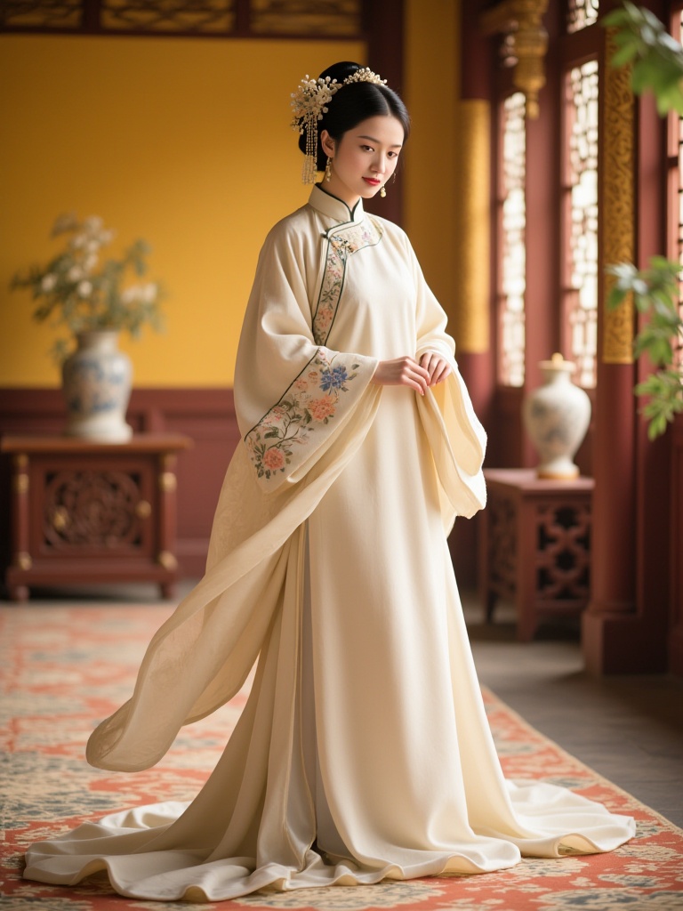 shangft,an elegant Asian woman in traditional Chinese attire, featuring a flowing, cream-colored gown adorned with floral embroidery. She stands gracefully in an opulent, ornate room with yellow walls, intricate wooden carvings, and golden accents. Her black hair is styled in an updo with floral accessories, and she wears a serene expression.<lora:S-T-古风写实_S1.03:1>
