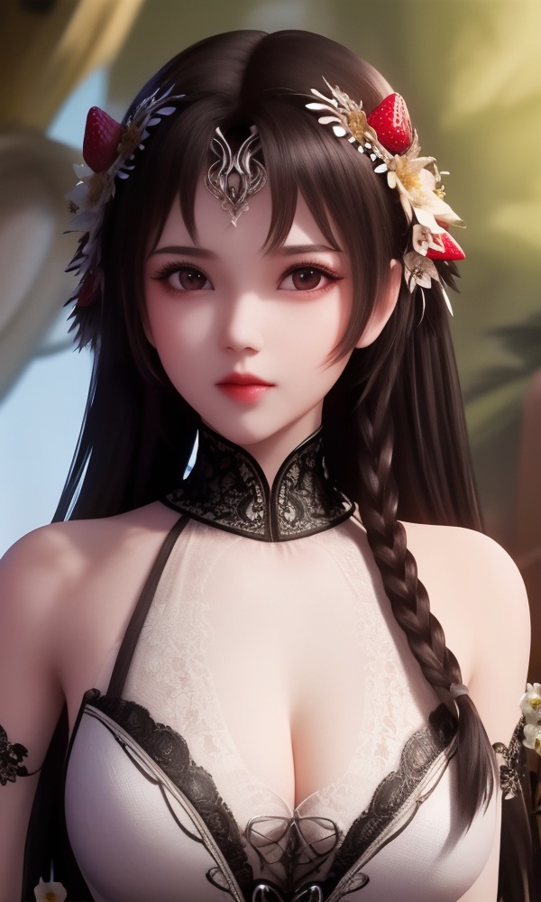 (,1girl, ,best quality, ),looking at viewer, <lora:406-DA-太一剑仙传-钟灵秀:0.8> ,, ,masterpiece, (( , )),ultra realistic 8k cg, ,    ,cleavage,strawberry blossoms,lace , (()), (),